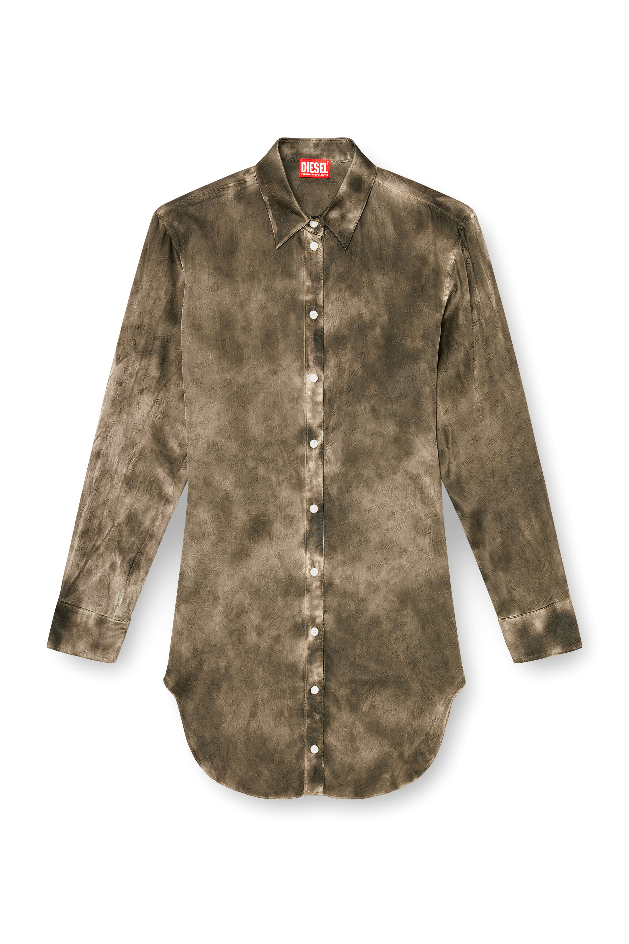 Diesel - C-LAVEL, Woman's Long shirt in logo-jacquard crinkled satin in Military Green - 2