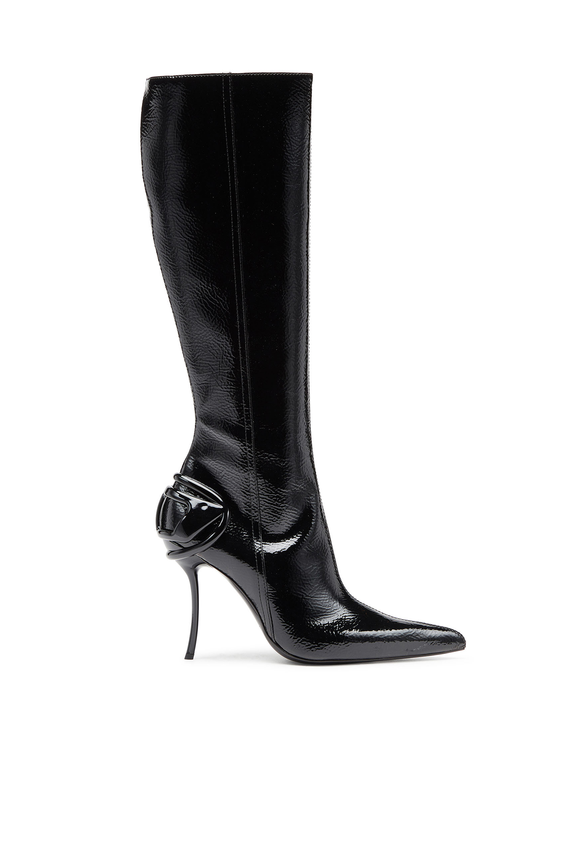 Shop Diesel D-ten & Half-glossy Knee-high Boots With Curved Heel In Black