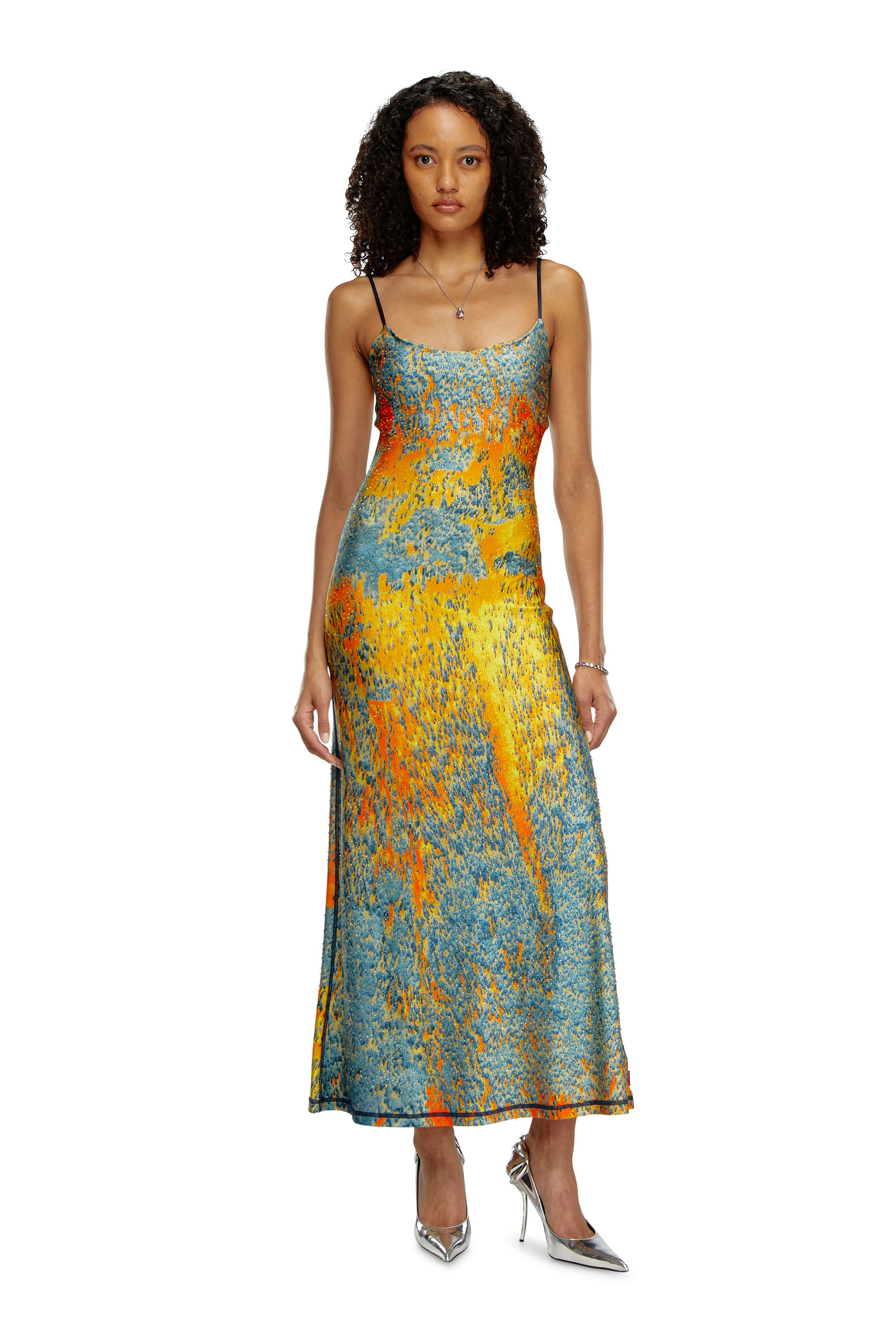 Shop Diesel Long Printed Dress With Clear Crystals In Multicolor