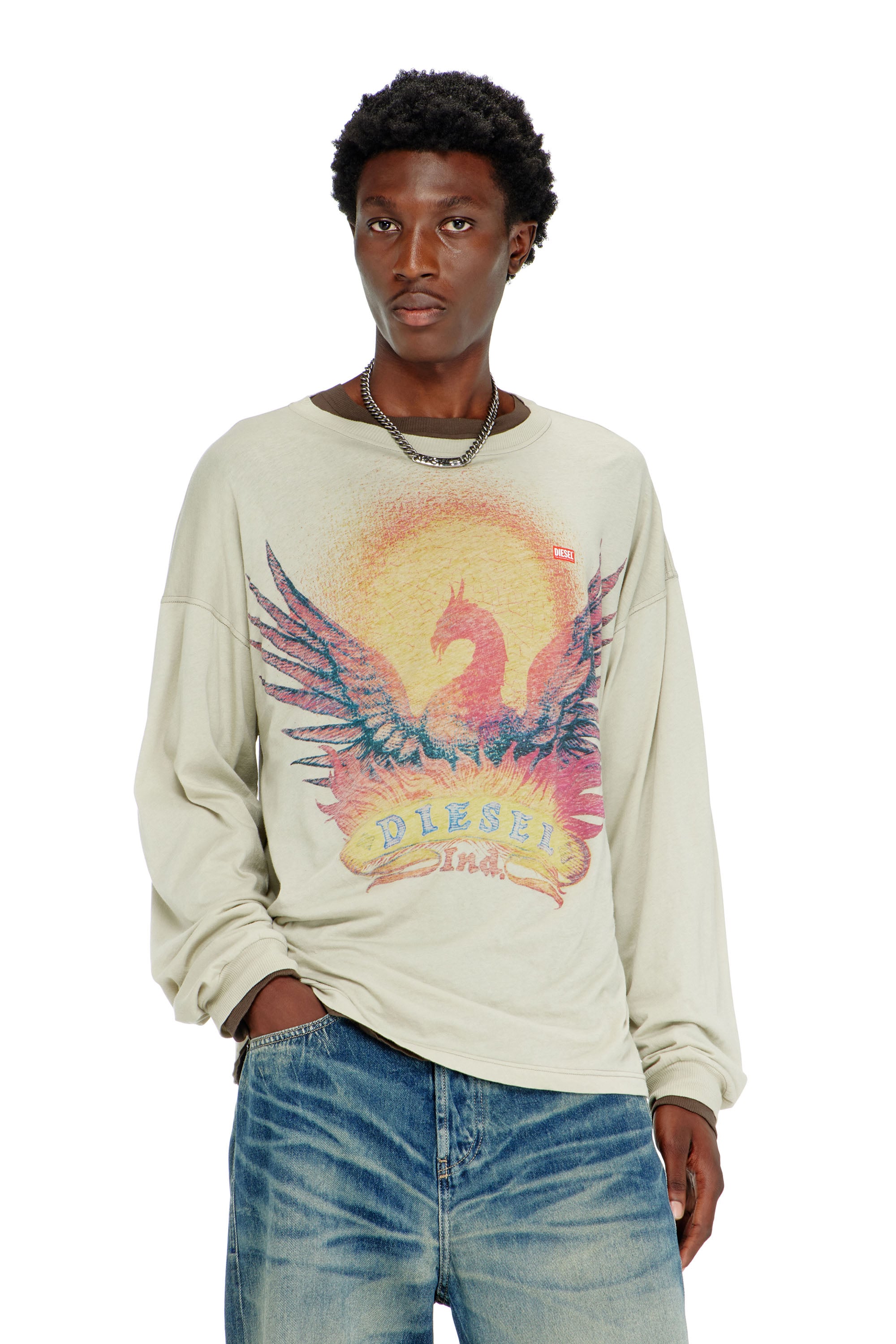 Diesel Homem Bege - Long Sleeve T-Shirt With Phoenix Graphic - T-Shirts - Man Extra Grande