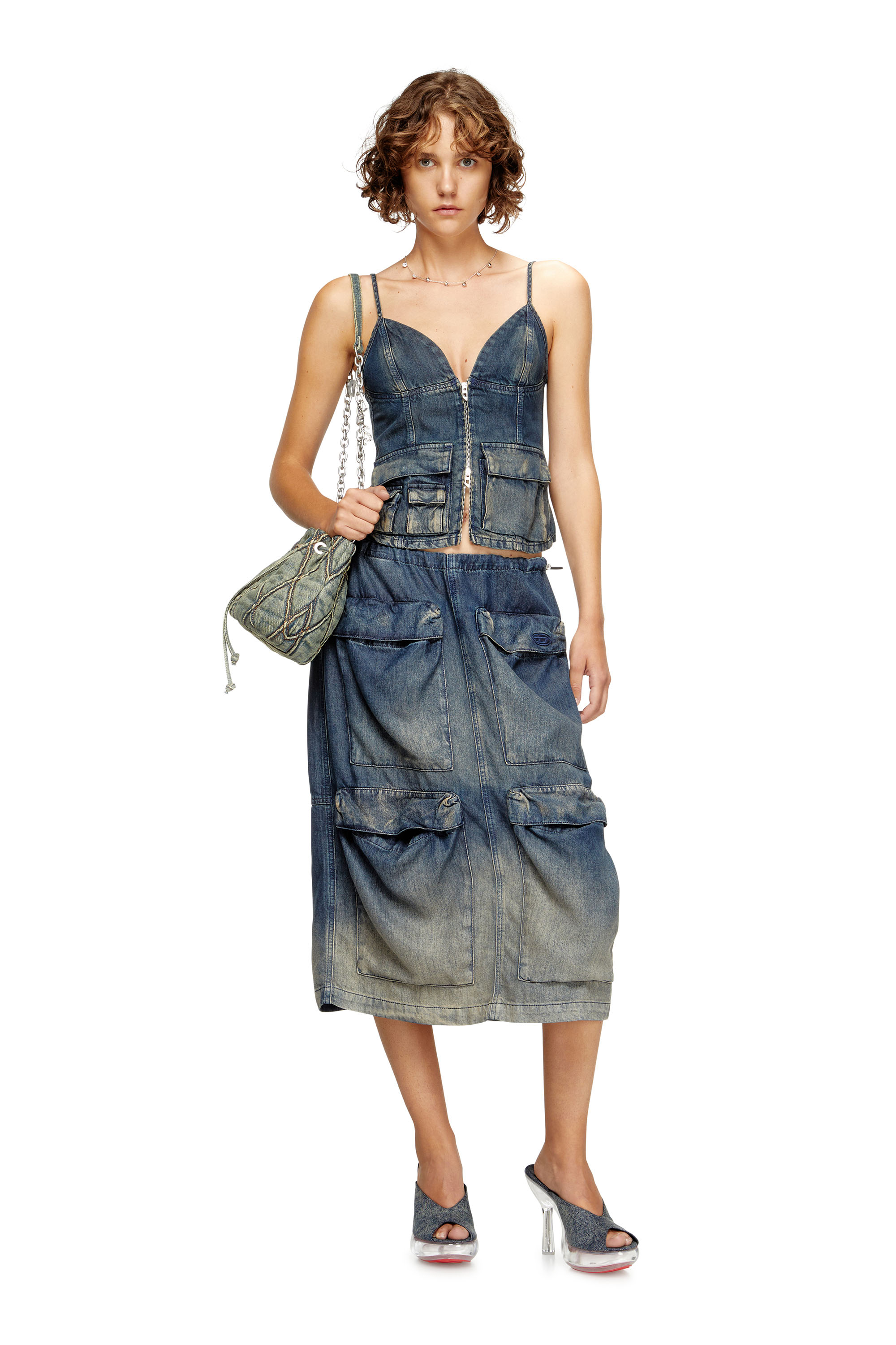 Diesel - DE-MEGI-S, Woman's Midi skirt in gradient fluid denim in Dark Blue - 2