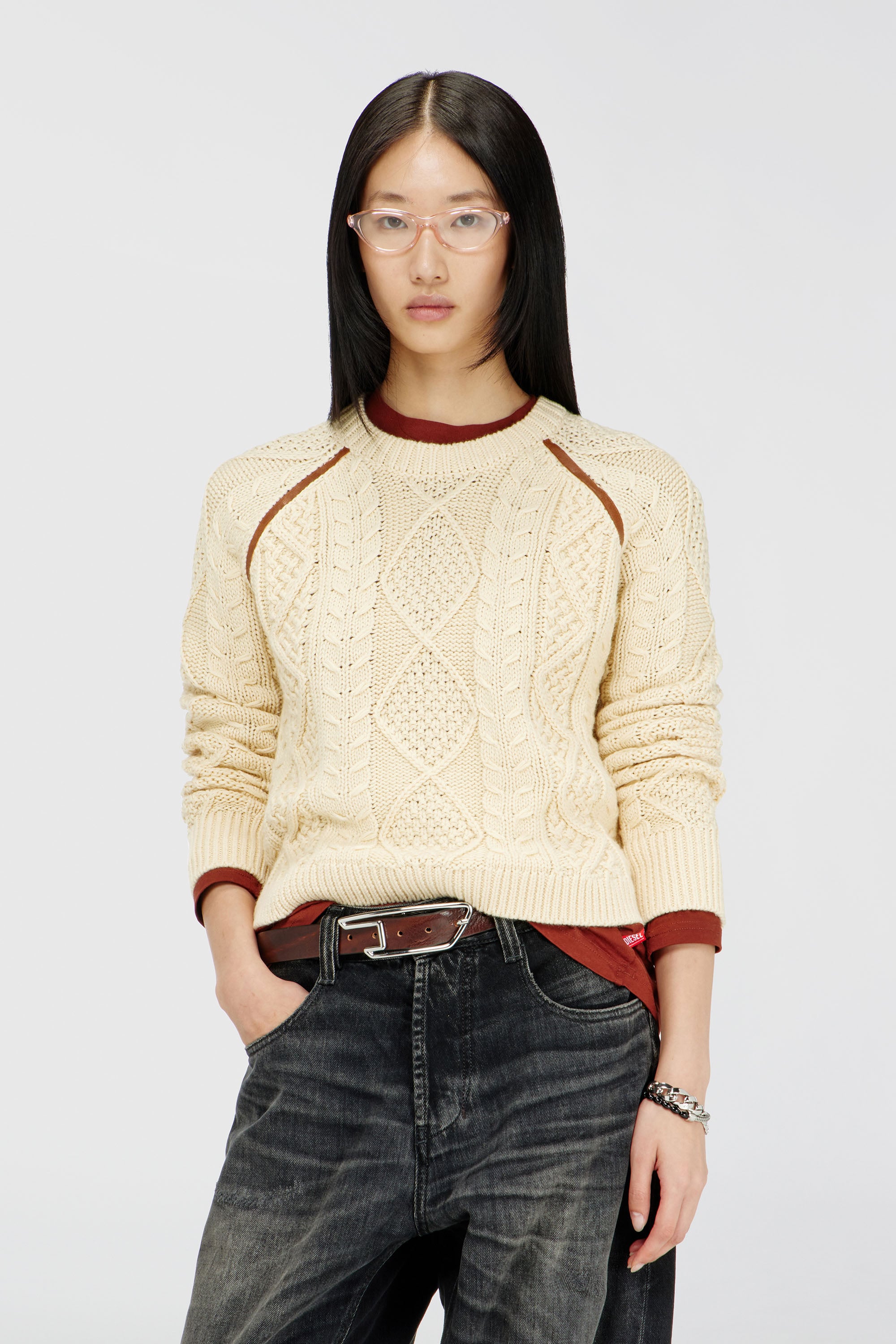 Diesel - Cable-knit jumper with contrast bands - Knitwear - Woman - Yellow