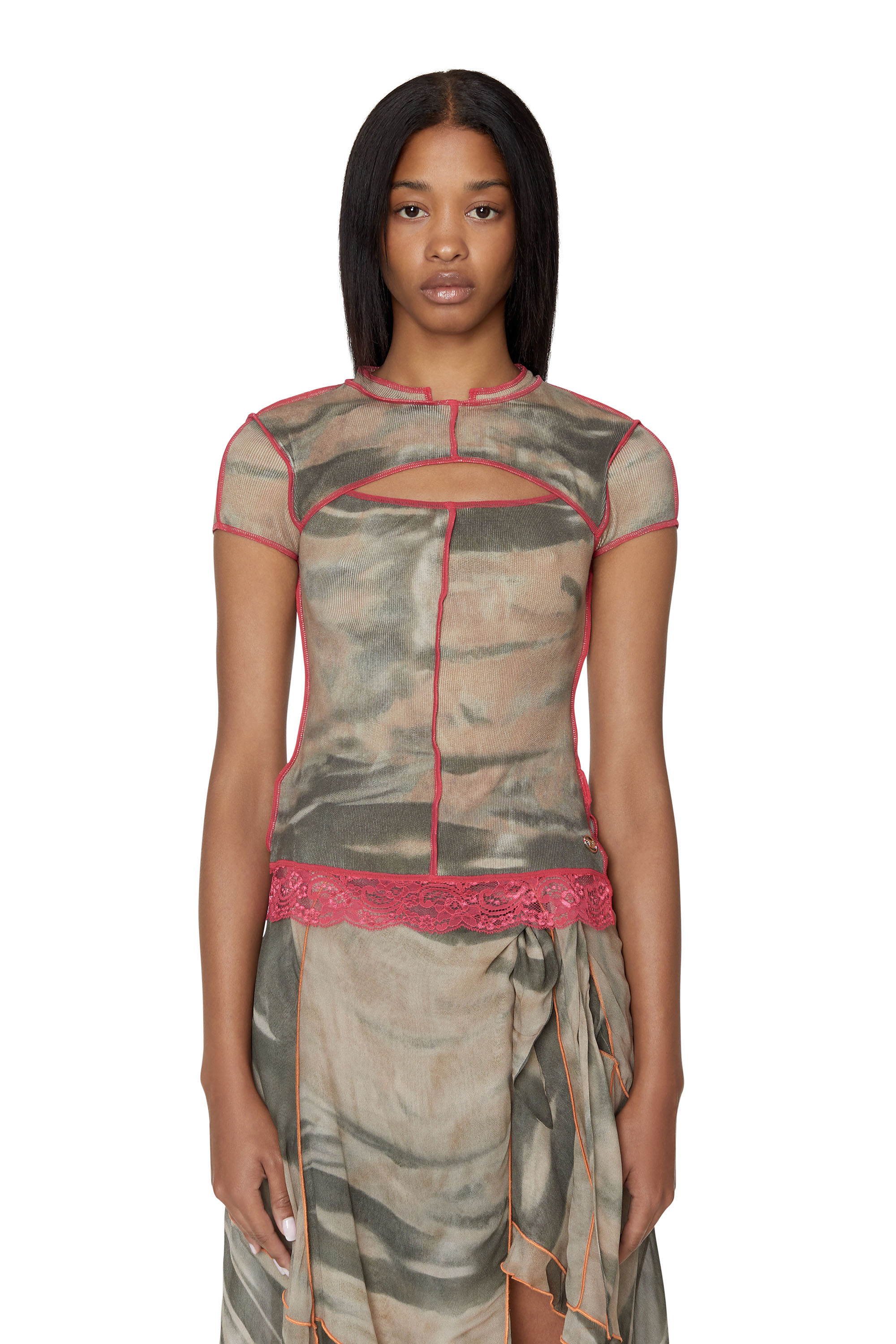Diesel - T-shirt camouflage con bordo in pizzo - Tops - Donna - Multicolor