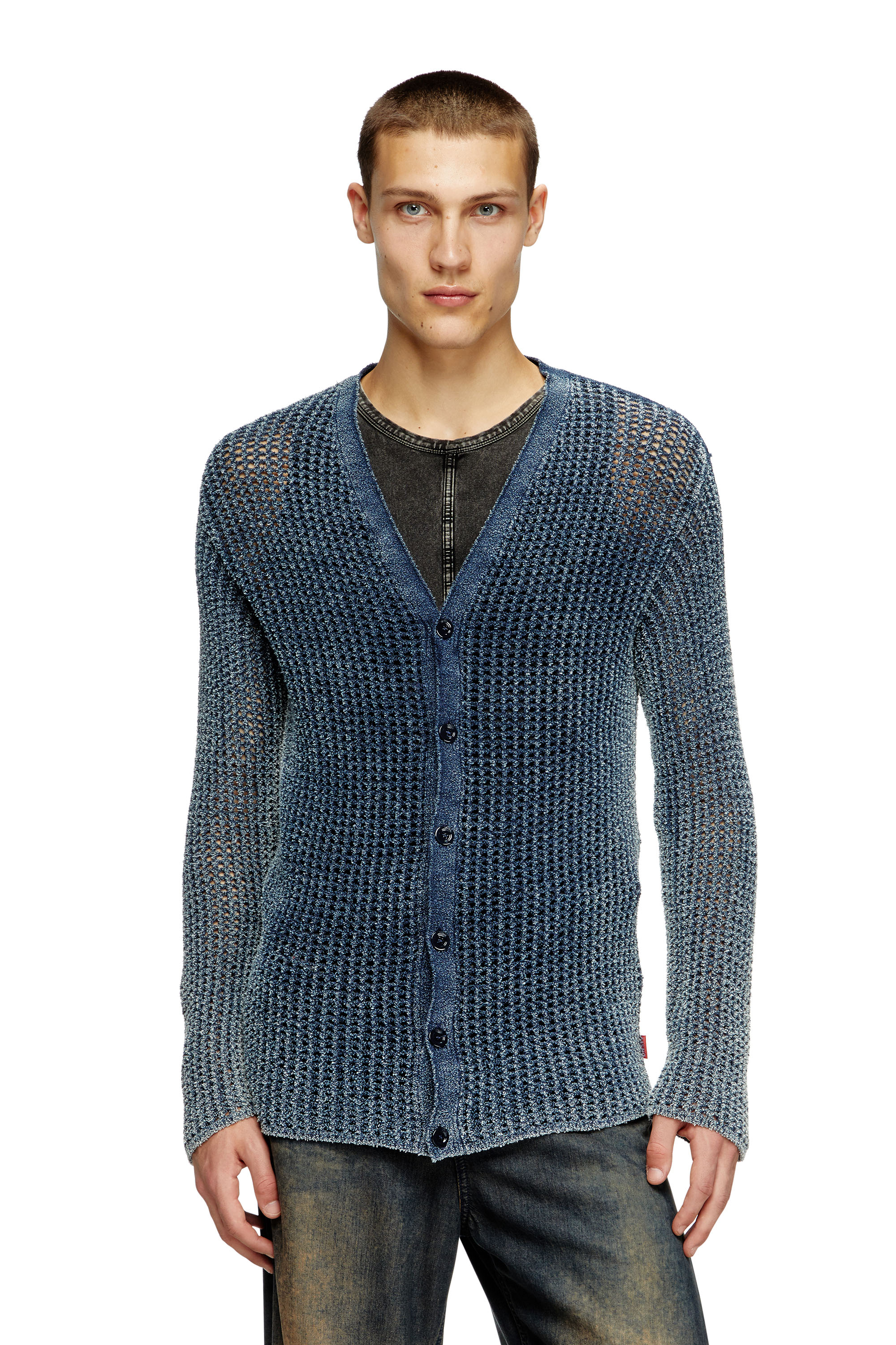 Diesel - Mesh-knit cardigan in denim yarn - Knitwear - Man - Blue
