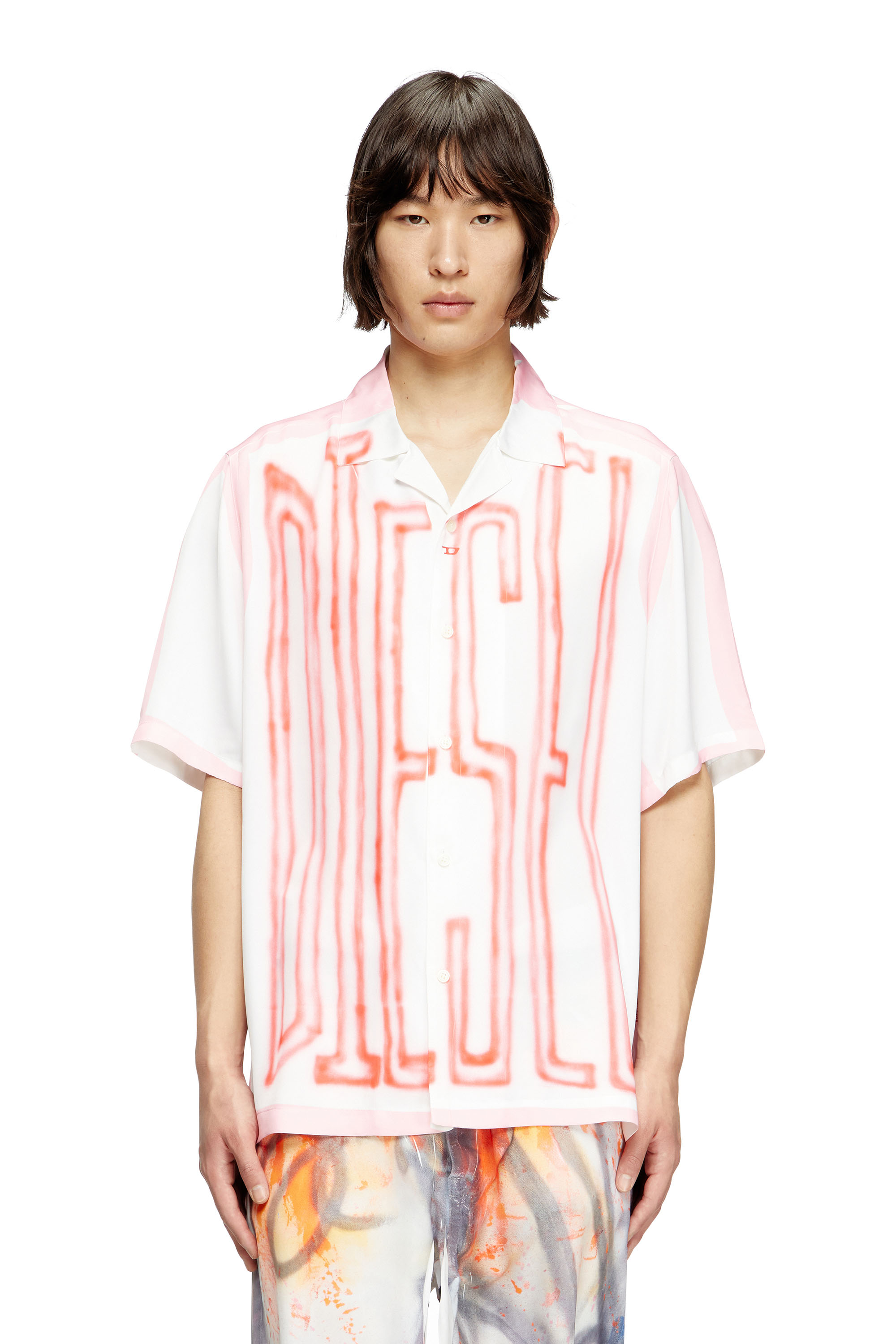 Diesel Satin Bowling Shirt With Graffiti Logo In Multicolor