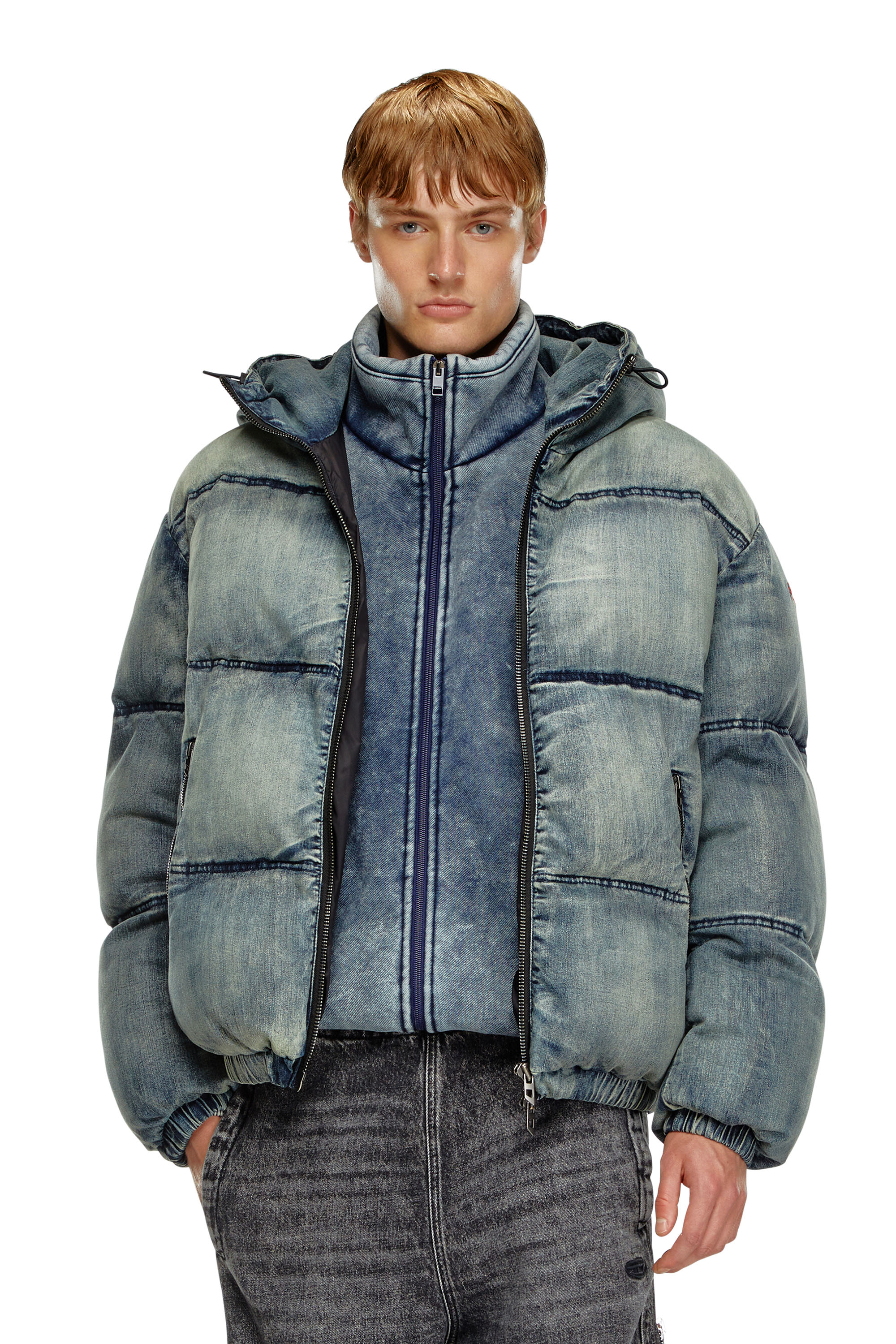 Shop Diesel Puffer Jacket In Treated Denim In Blue