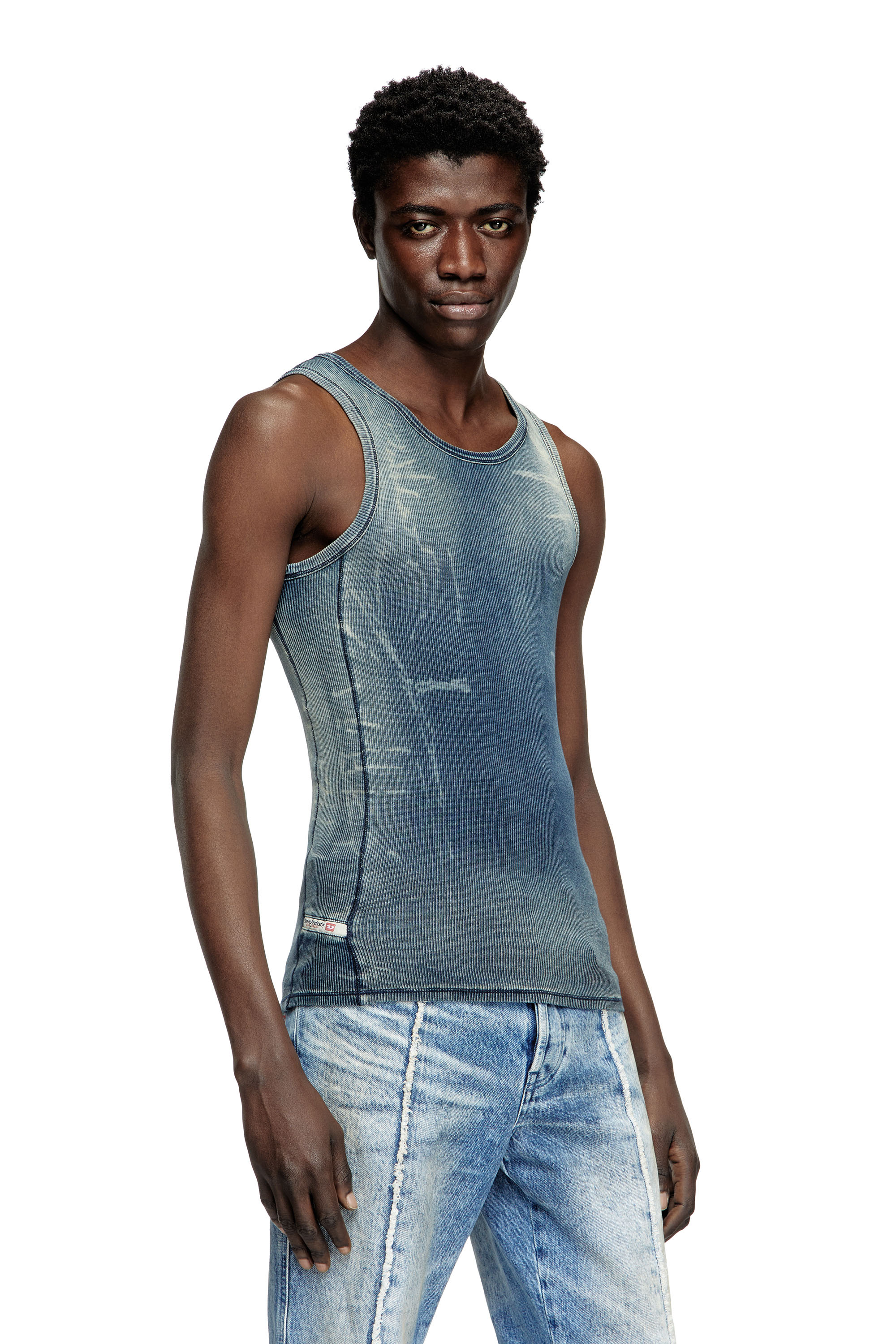 Diesel - Ribbed tank top with denim trompe l'oeil - T-Shirts - Unisex - Blue