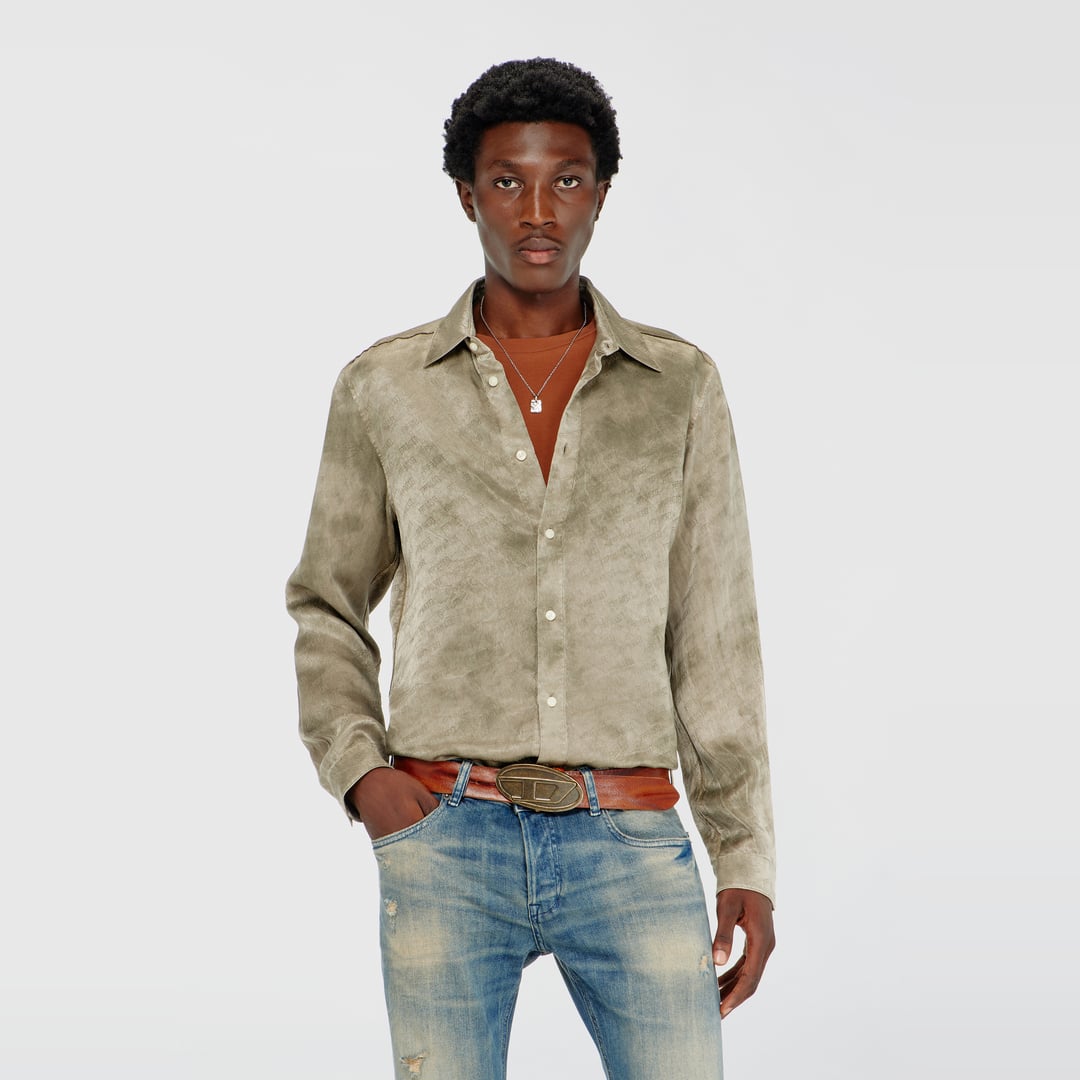 Diesel - Shirt in logo-jacquard crinkled satin - Shirts - Man - Brown