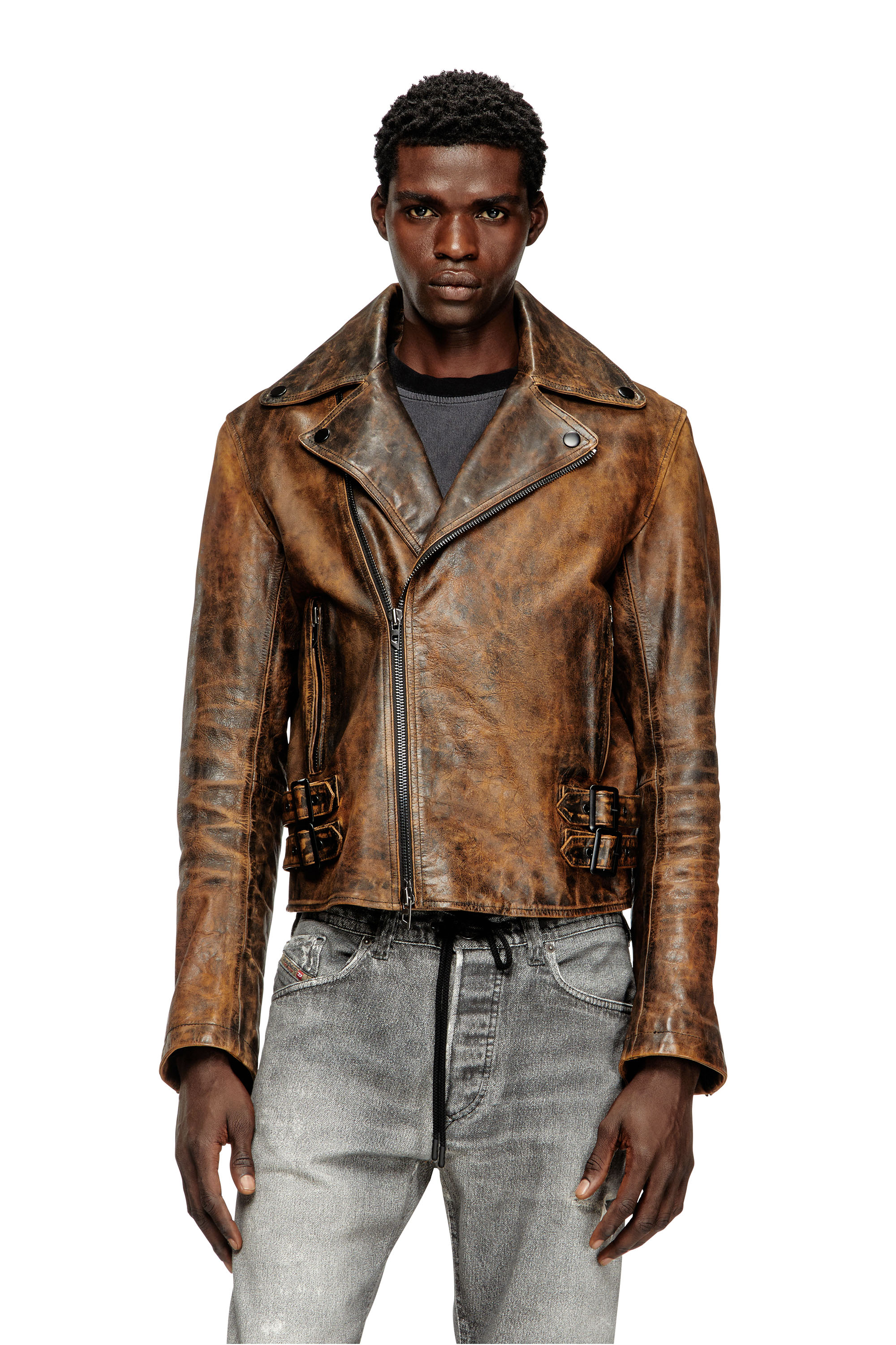 Diesel Marrone Uomo - Giacca Biker In Pelle Trattata - Giacche Di Pelle Taglia 48