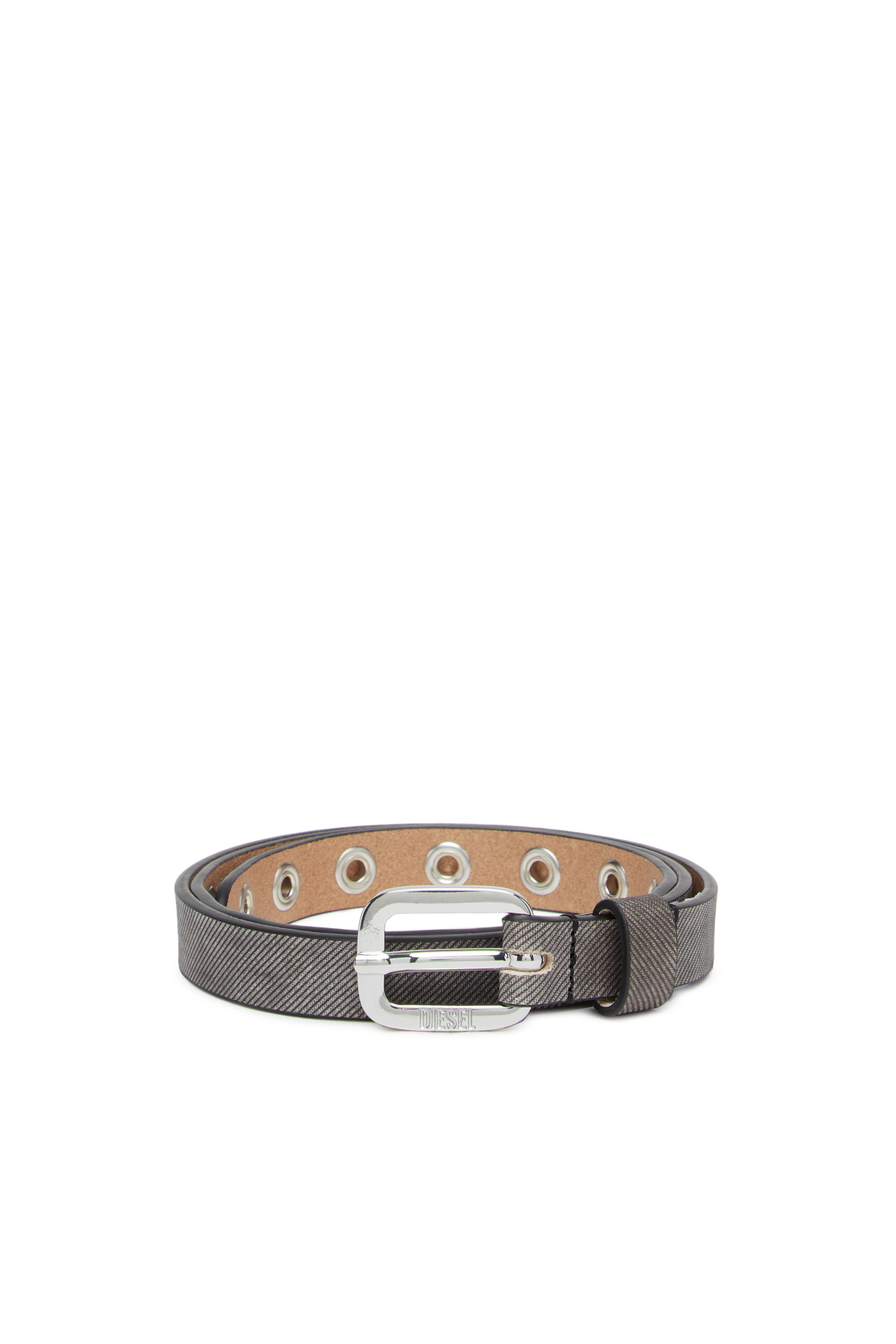Diesel Studded Leather Belt With Denim Effect In Grey