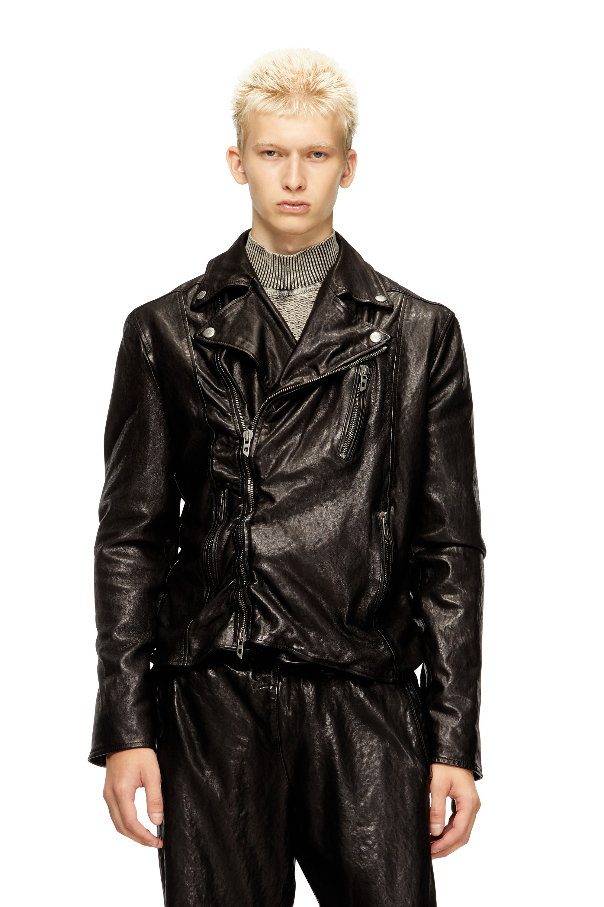 Diesel - L-UNCAN, Man's Biker jacket in boiled leather in Black - 1