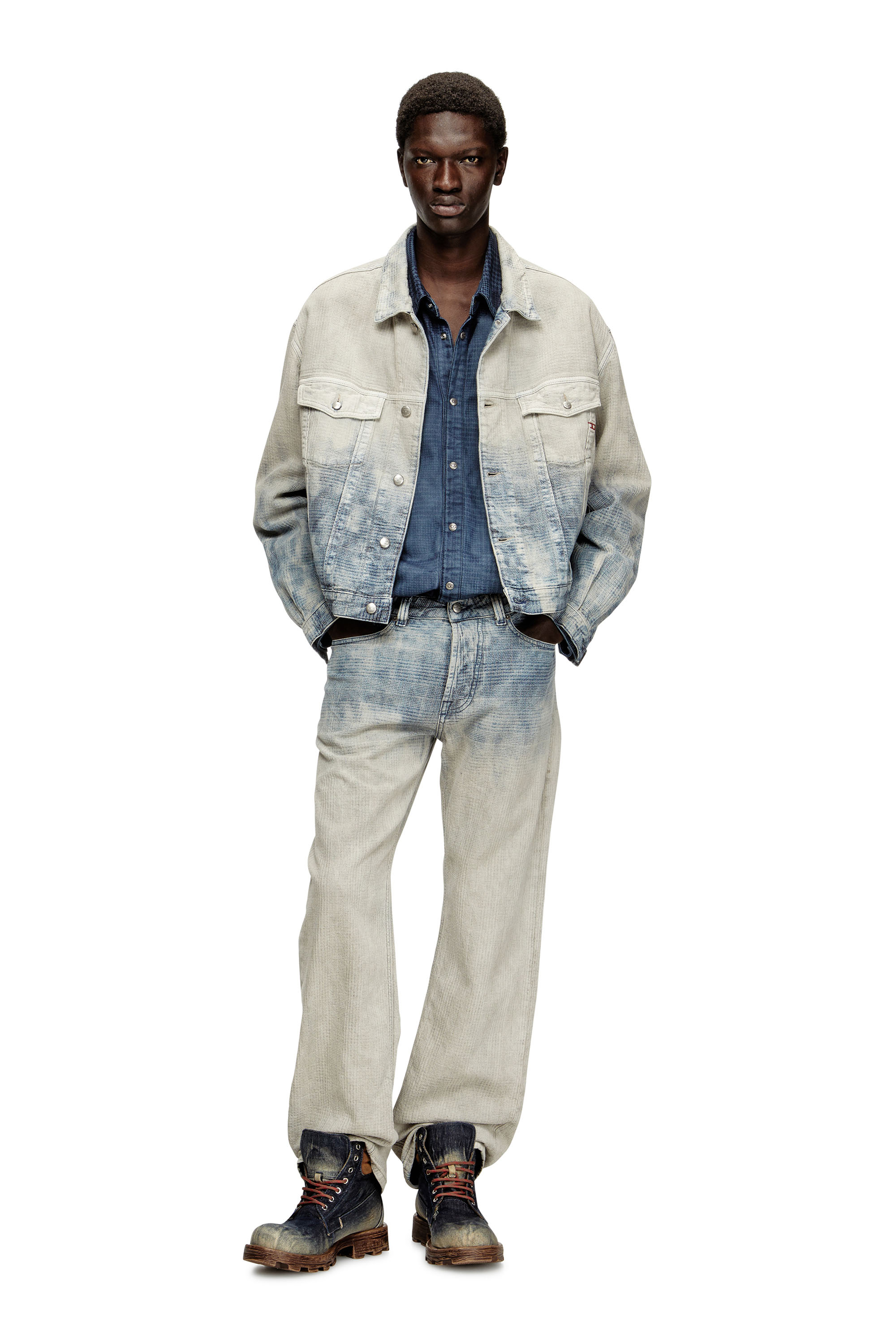 Diesel - D-RANGER, Unisex's Trucker jacket in Prince of Wales jacquard denim in Grey/Blue - 3