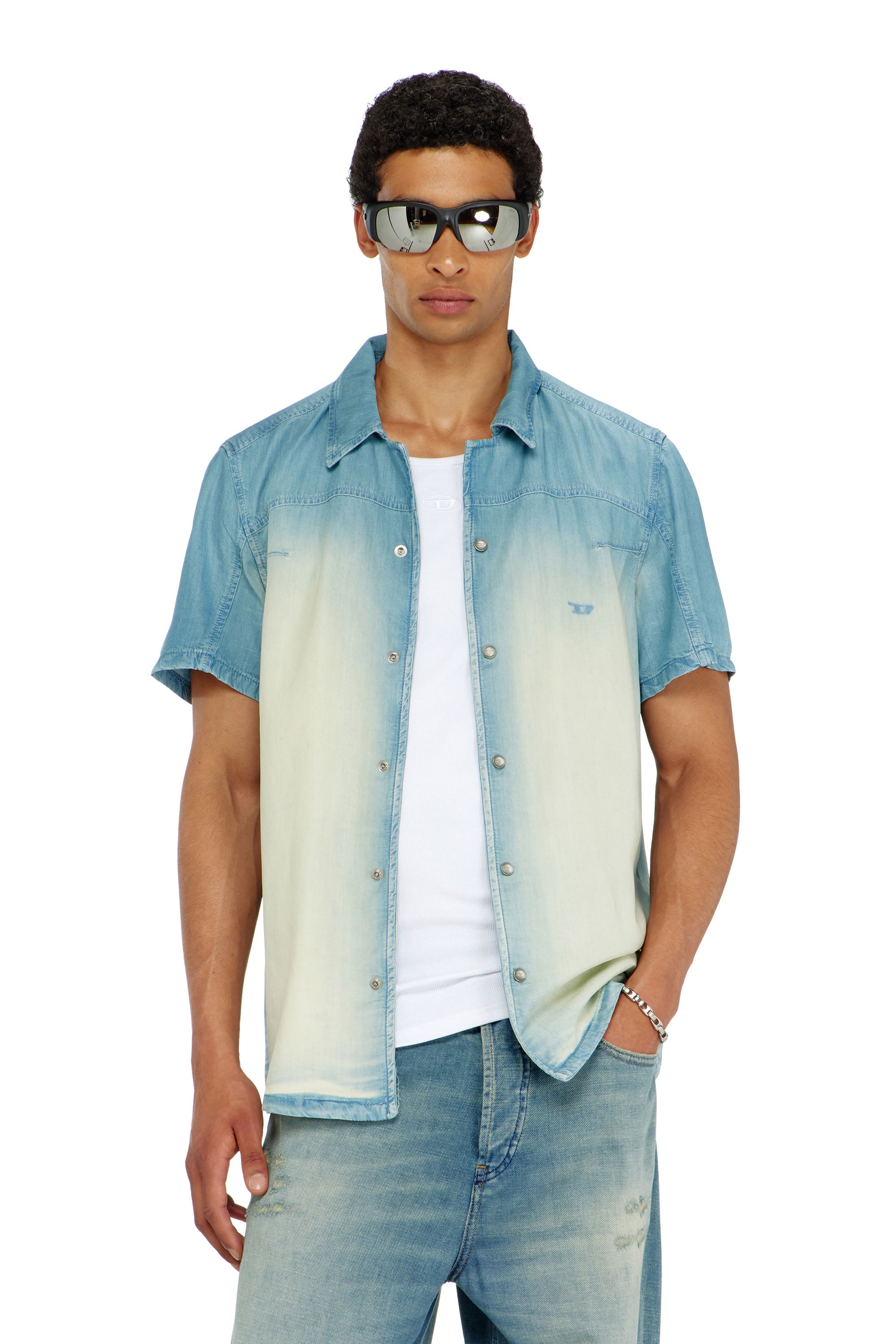 Diesel - Short-sleeve shirt in fluid overdyed denim - Denim Shirts - Man - Blue