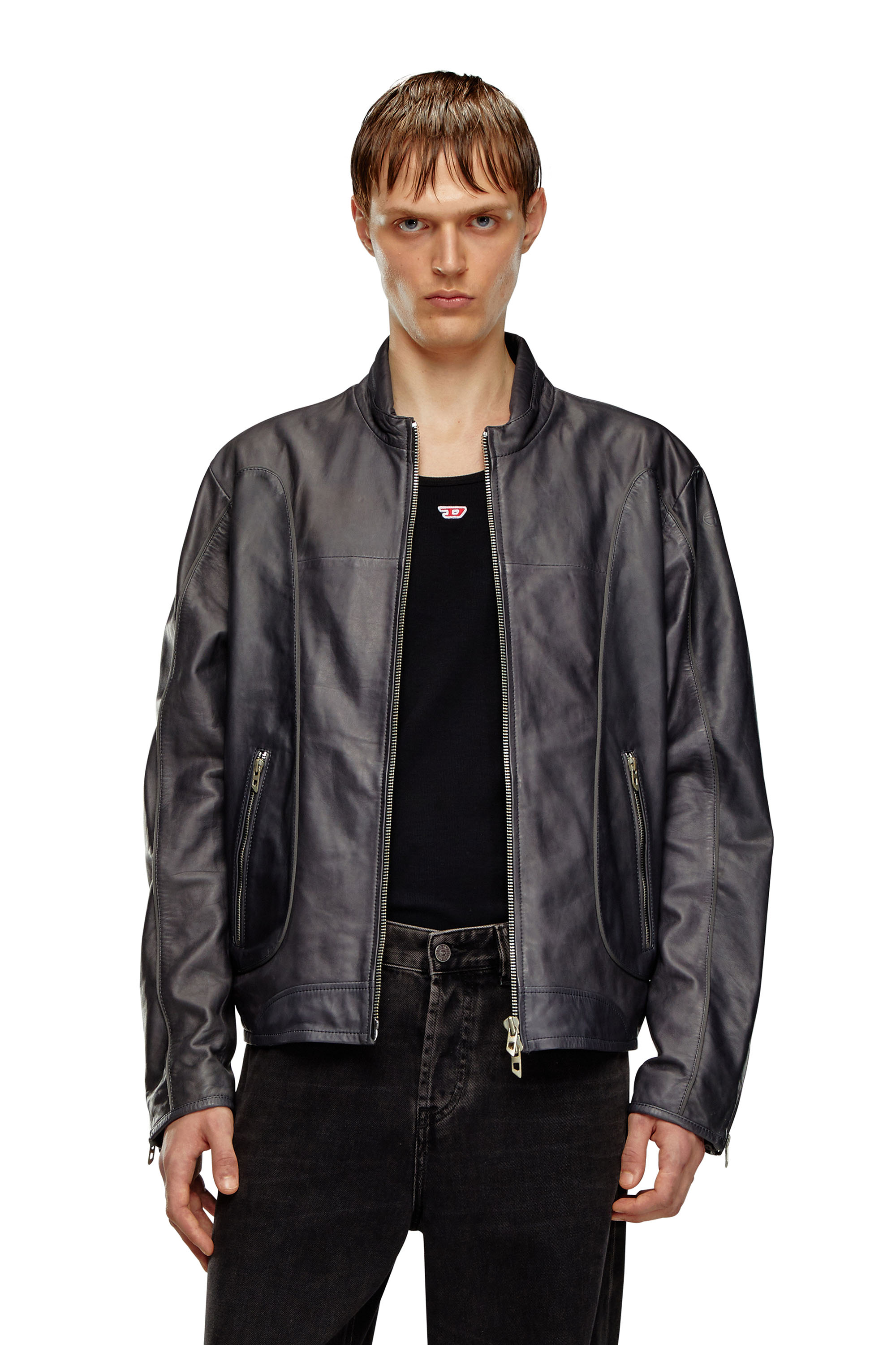 Diesel - Leather biker jacket with piping - Leather jackets - Man - Black