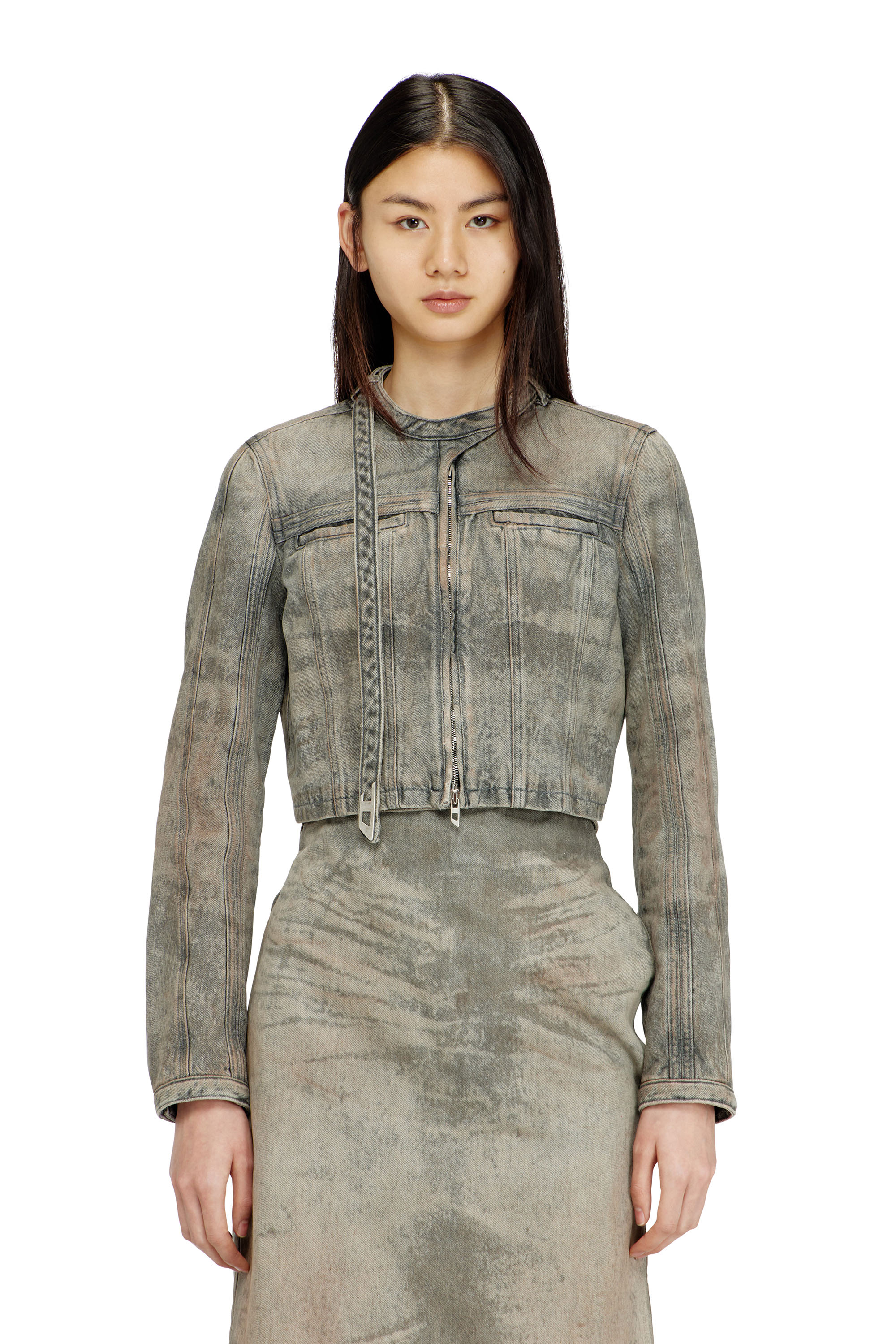 Diesel Mulher Cinza - Cropped Jacket In Cotton-Hemp Satin Denim - Denim Jackets - Woman Grande