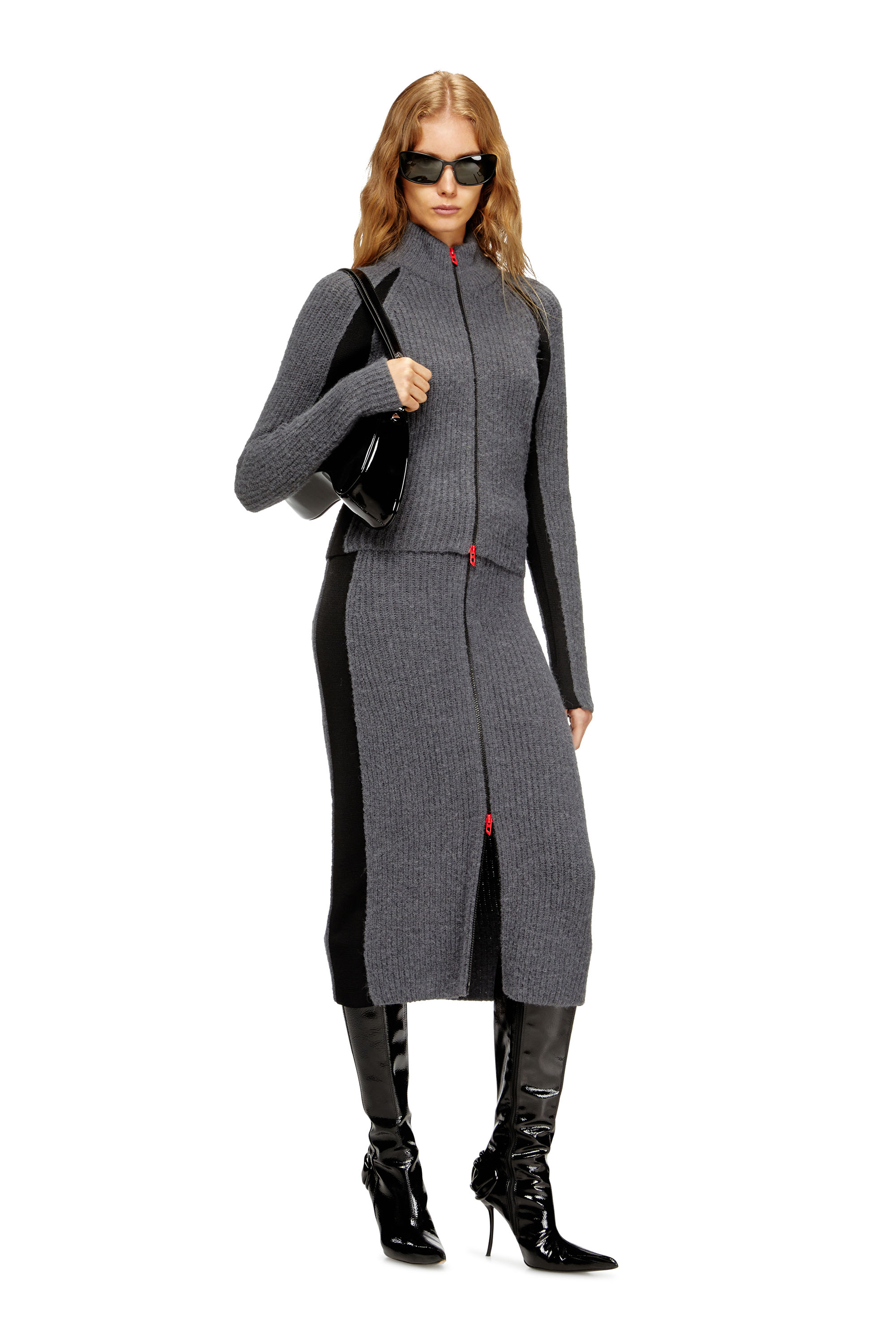 Diesel - M-LOUSI, Woman's Midi skirt in alpaca with front zipper in Grey - 2