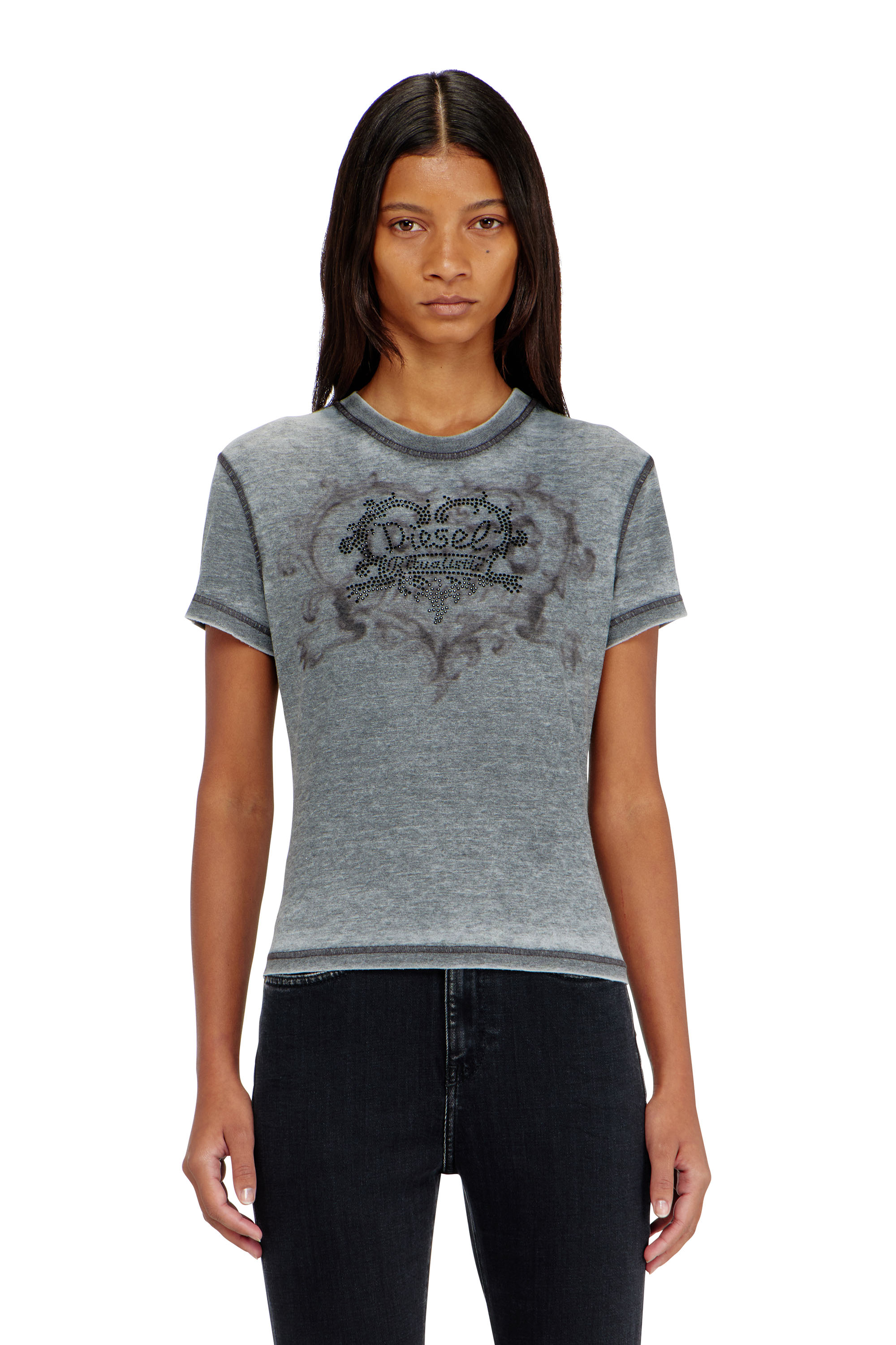 Diesel - Jersey t-shirt with rhinestones and burnout effect - T-Shirts - Woman - Grey