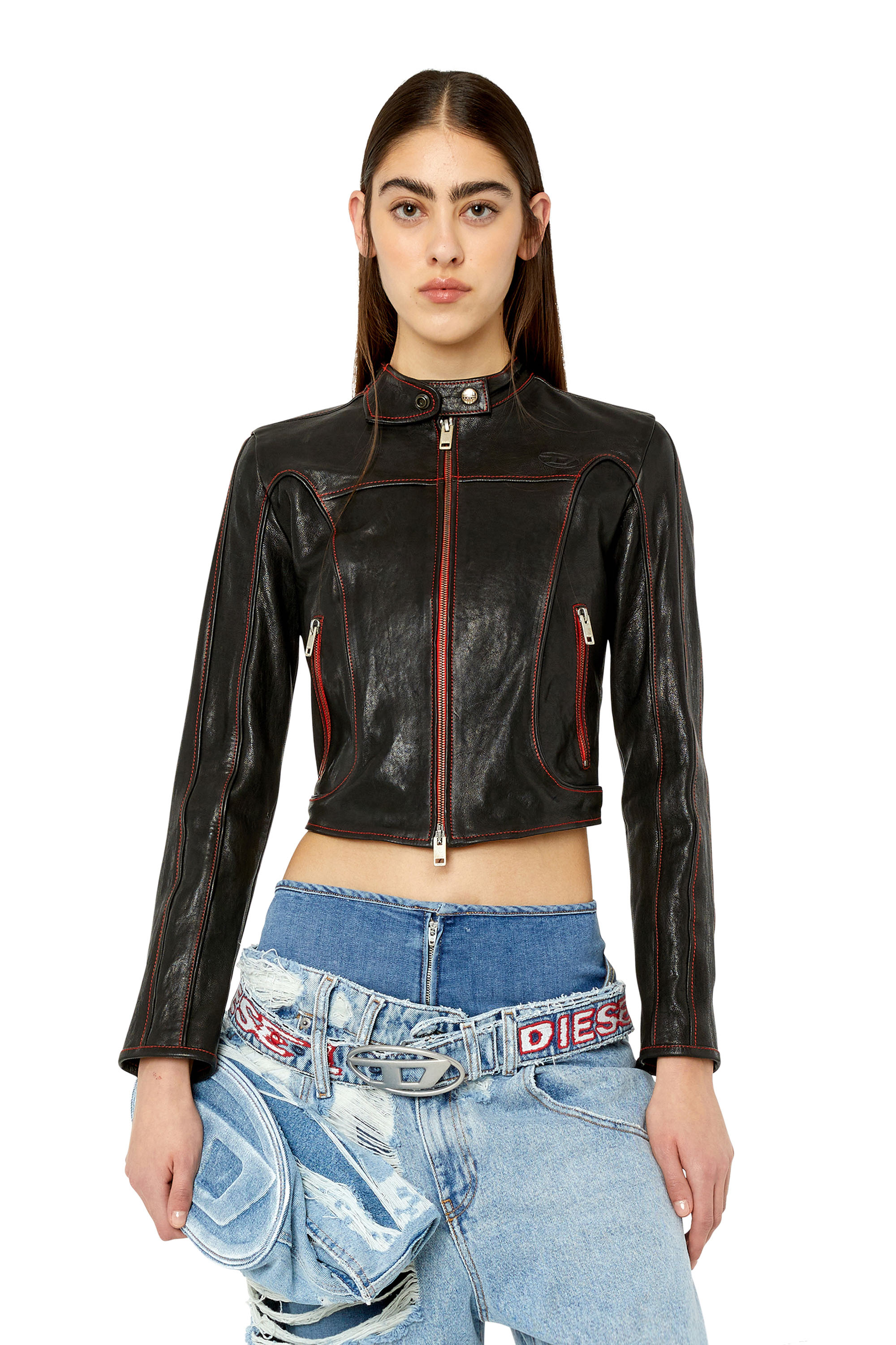 Diesel - Leather biker jacket with contrast details - Leather jackets - Woman - Black