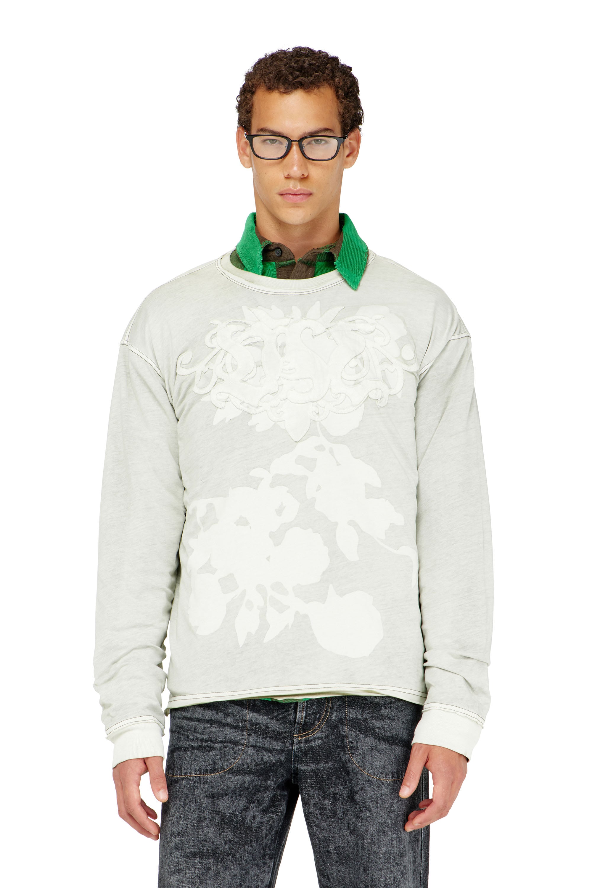 Diesel - Long-sleeve T-shirt with floral print and logo patch - T-Shirts - Man - Multicolor