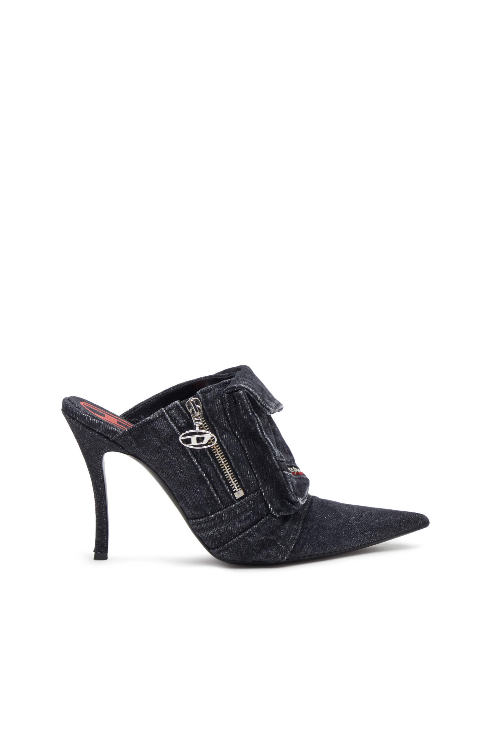 Diesel D-venus-heeled Mules In Sun-faded Denim In Black