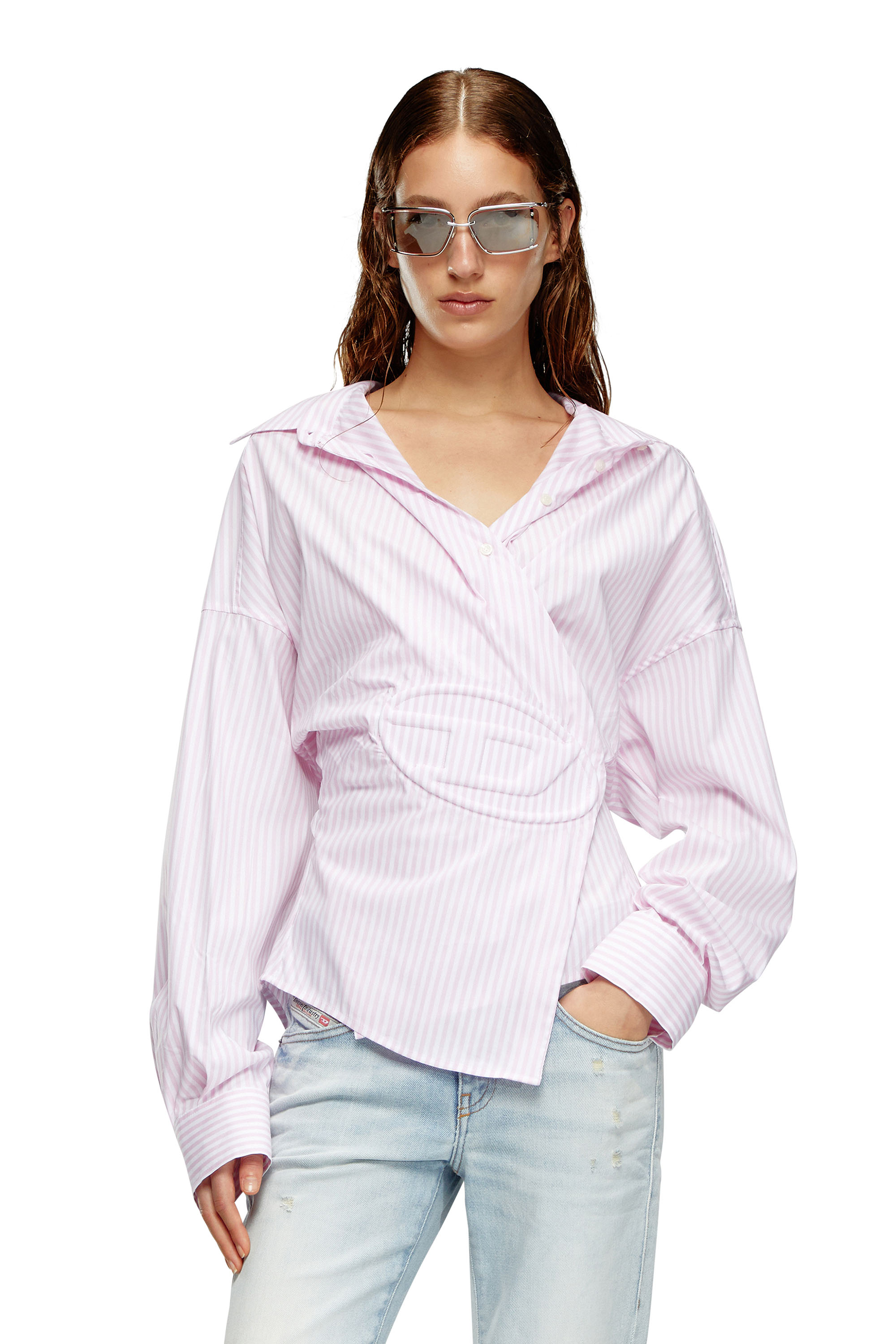 Shop Diesel Striped Wrap Shirt With Embossed Logo In Pink