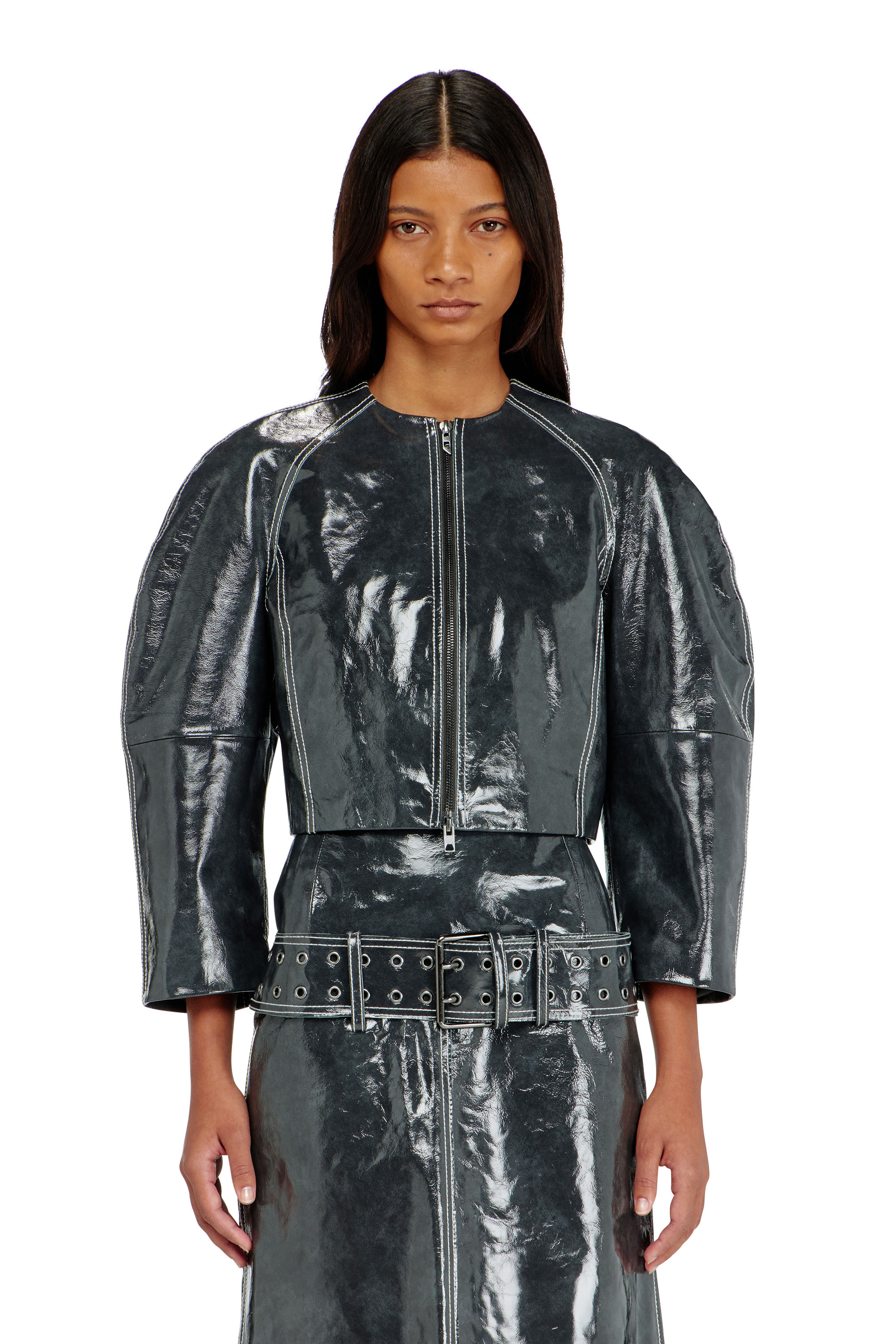 Diesel Women's Grey - Patent-Leather Jacket With Cocoon Sleeves - Leather Jackets - Woman Size 42