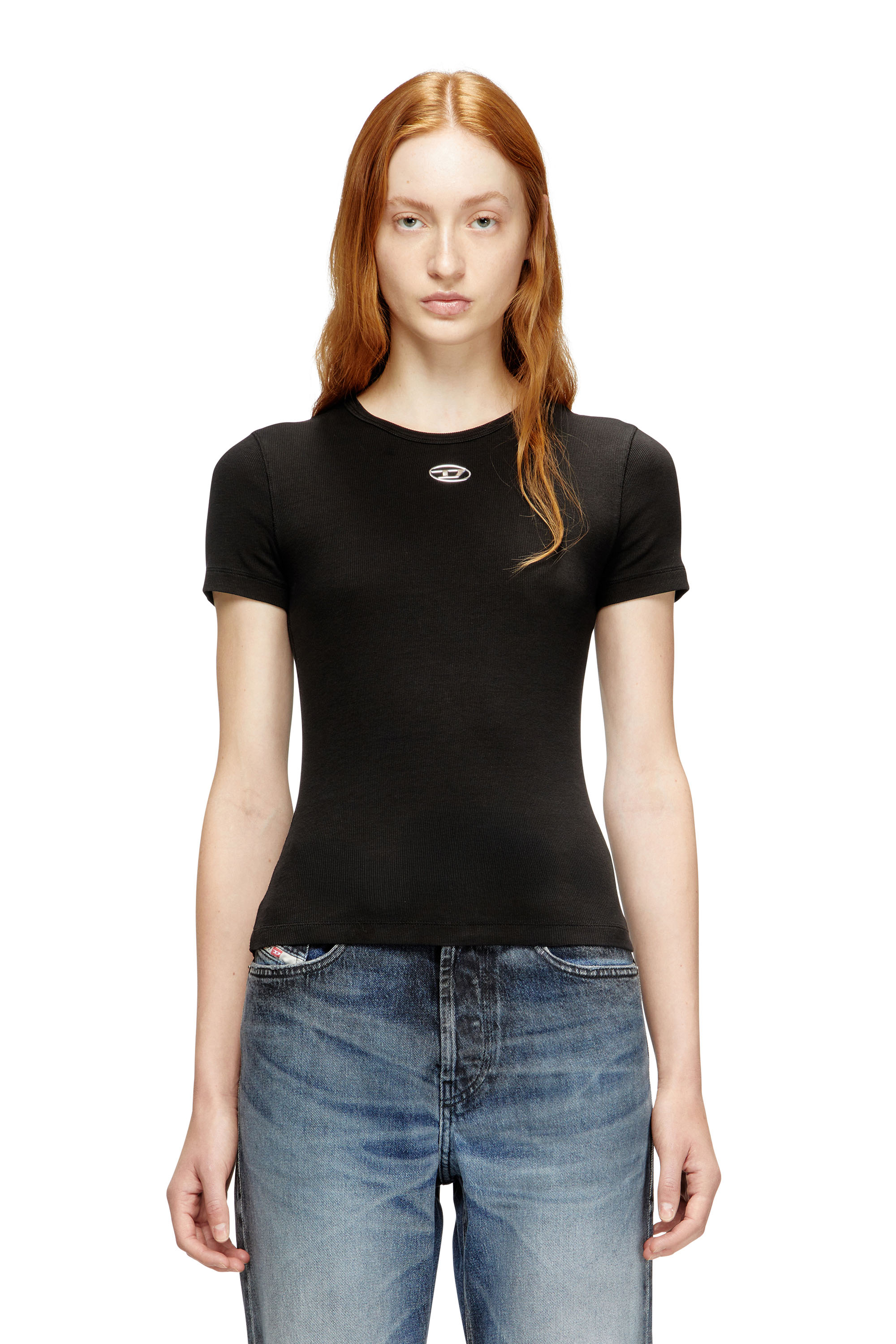 Diesel - Slim ribbed T-shirt with metallic Oval D - T-Shirts - Woman - Black