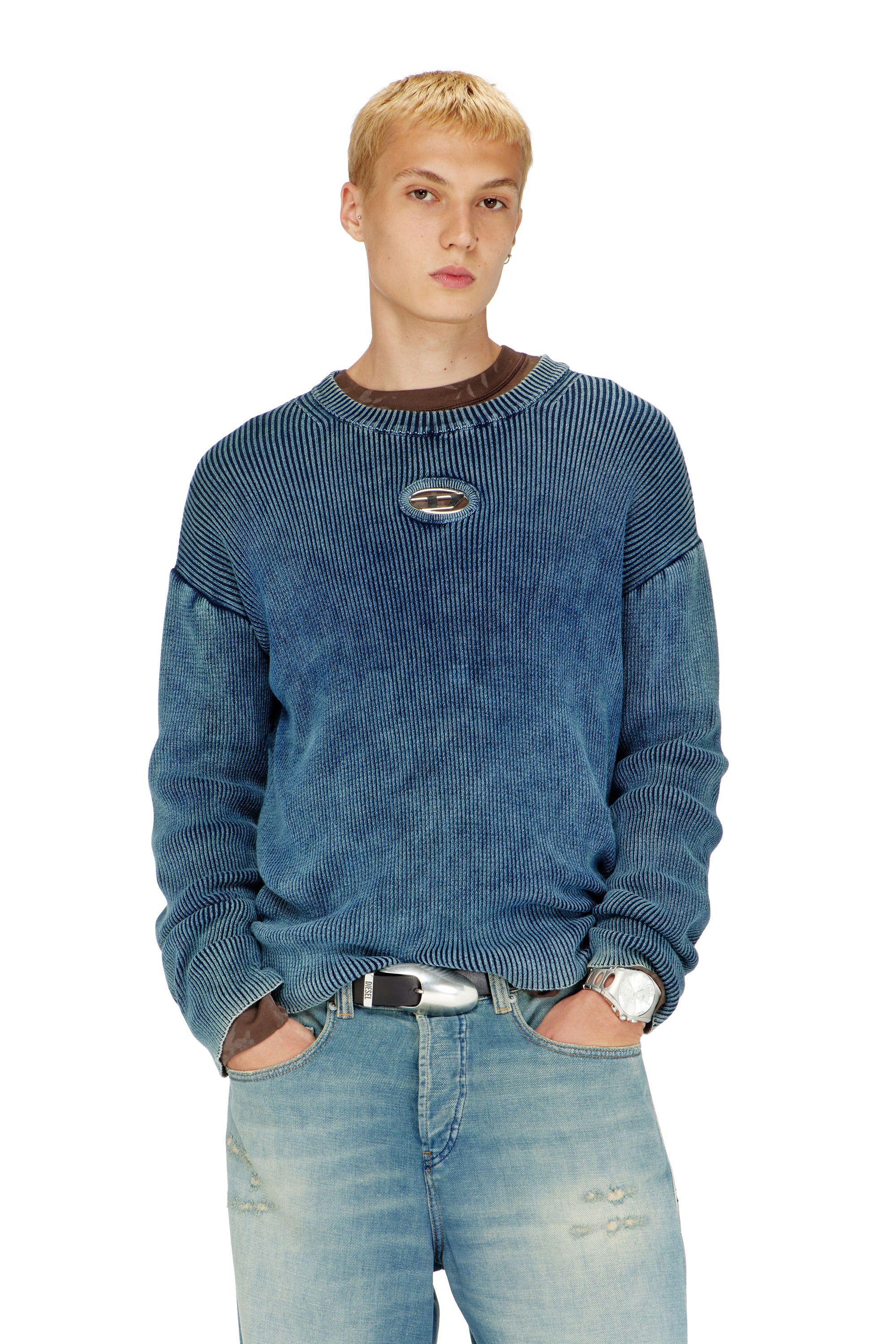 Diesel - Cut-out ribbed jumper with Oval D plaque - Knitwear - Man - Blue