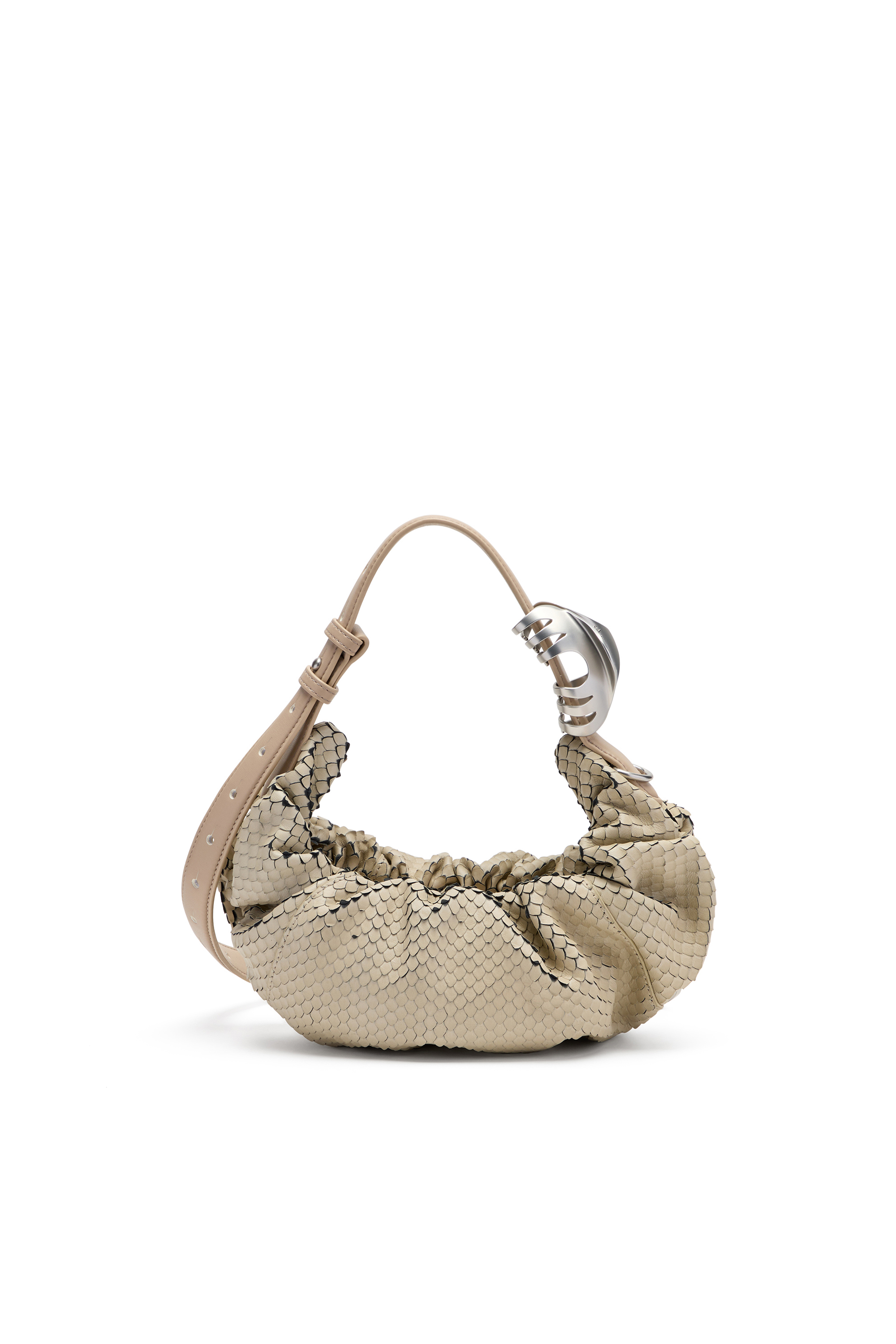 Diesel - GRAB-D HOBO S, Woman's Grab-D-Small scrunched hobo bag in snake-effect leather in Beige - 3