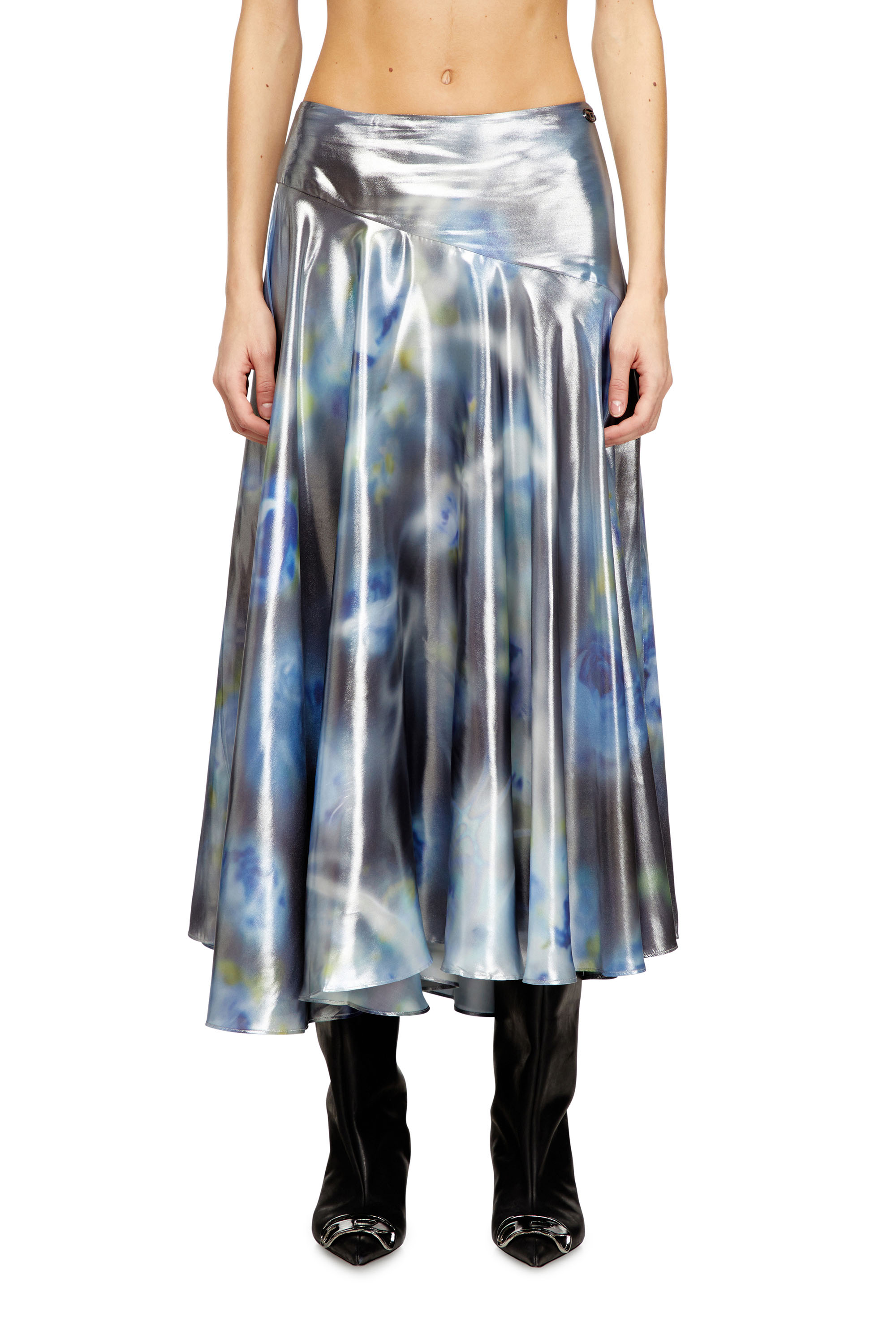 Diesel - O-ZULIE-S2, Woman's Metallic midi skirt with blurred rose print in Blue/Black - 1