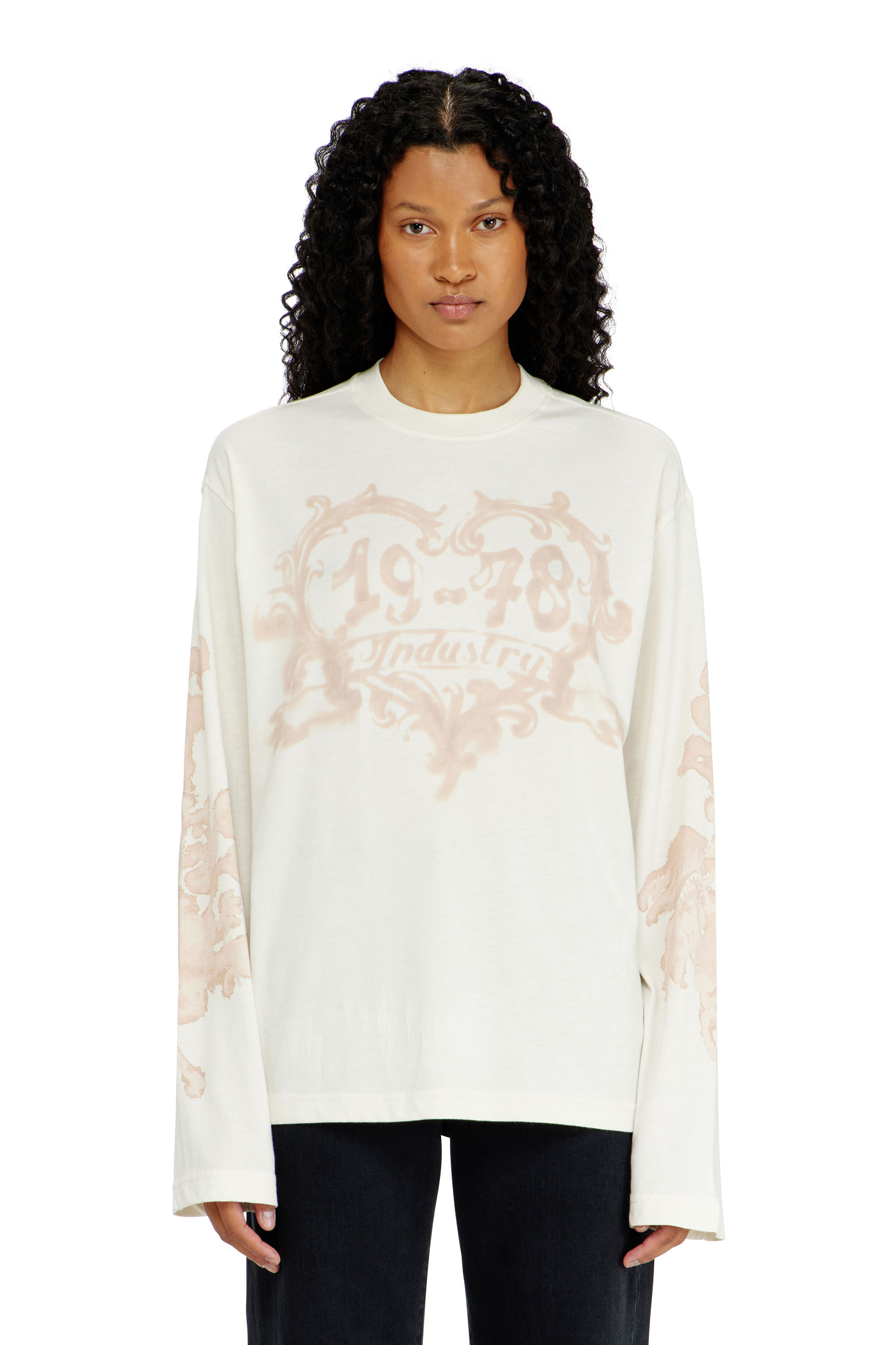 Diesel - T-HILARY-LS-AA1, Woman's Cotton long-sleeve T-shirt with graphic print in White/Pink - 1
