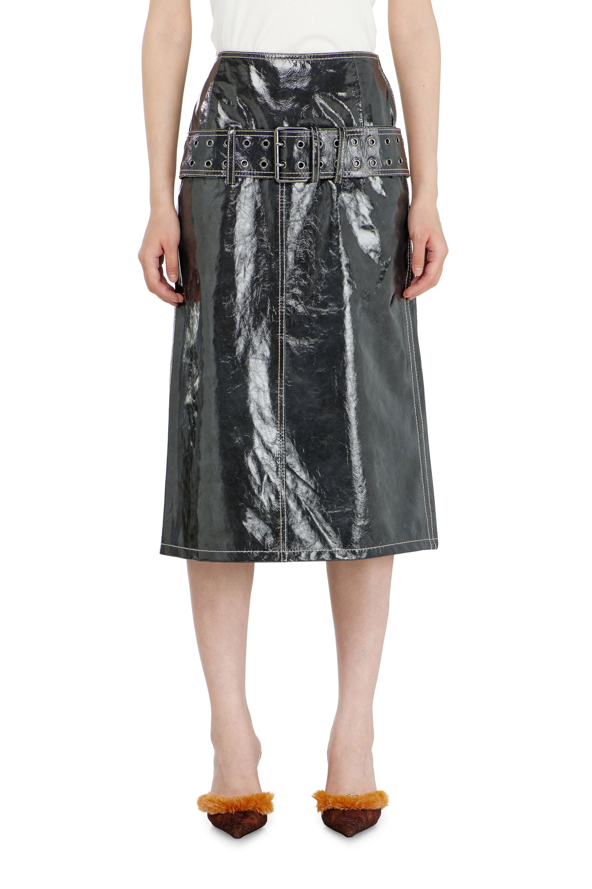 Diesel - Patent-leather midi skirt with belt - Skirts - Woman - Grey