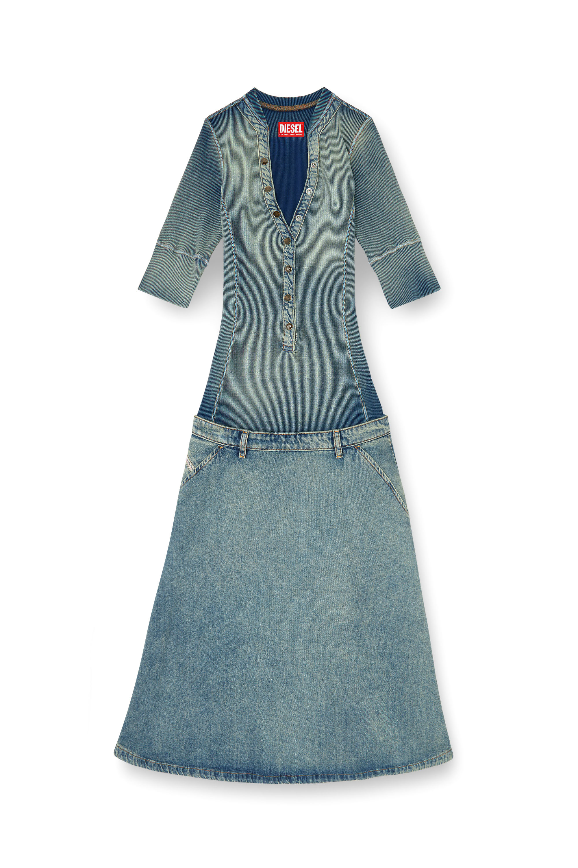 Diesel - DE-ANIM-S, Woman's Drop-waist midi dress in knit and denim in Medium blue - 3