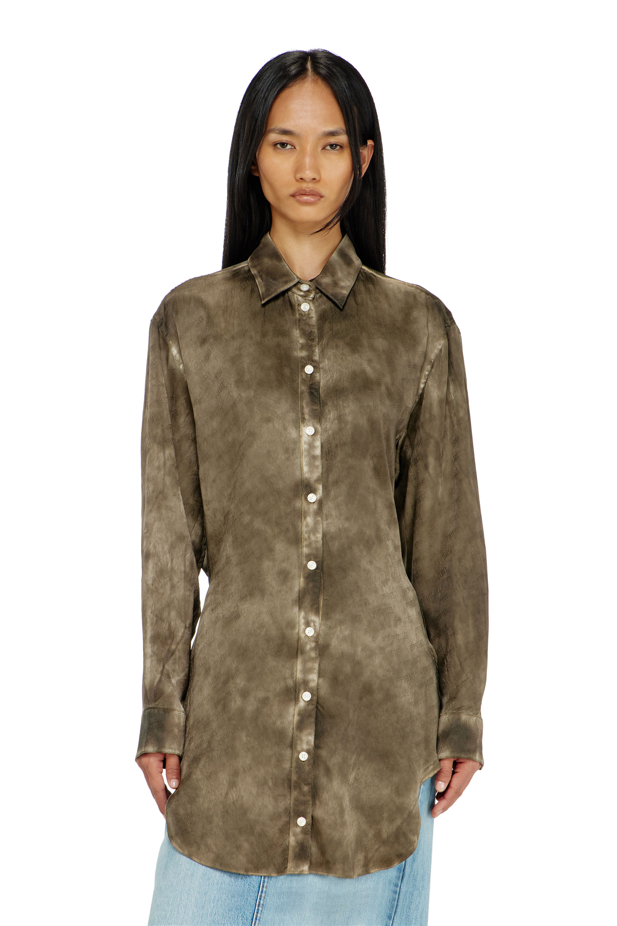 Diesel - C-LAVEL, Woman's Long shirt in logo-jacquard crinkled satin in Military Green - 5