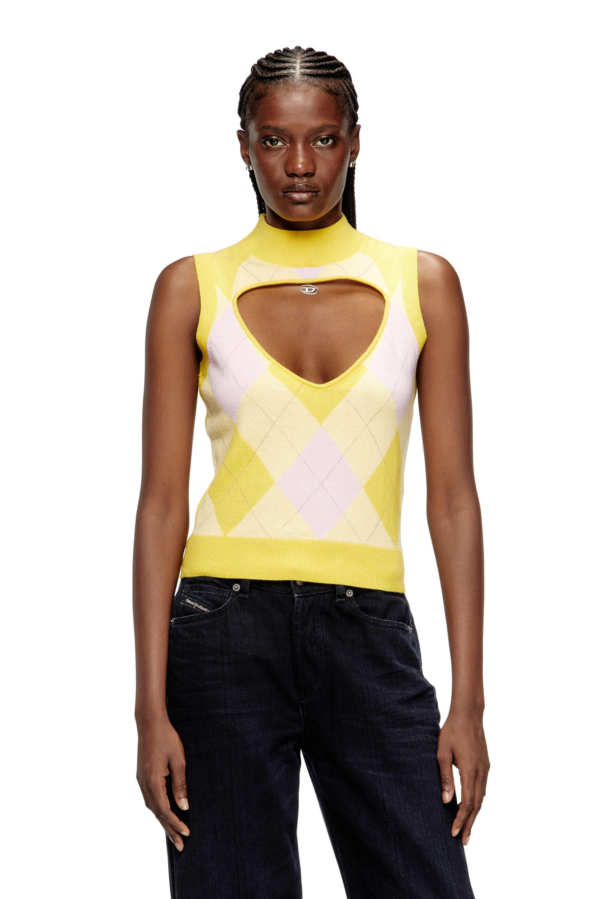 Diesel - M-ROMKO-SL, Woman's Cut-out turtleneck vest in argyle wool in Yellow - 1