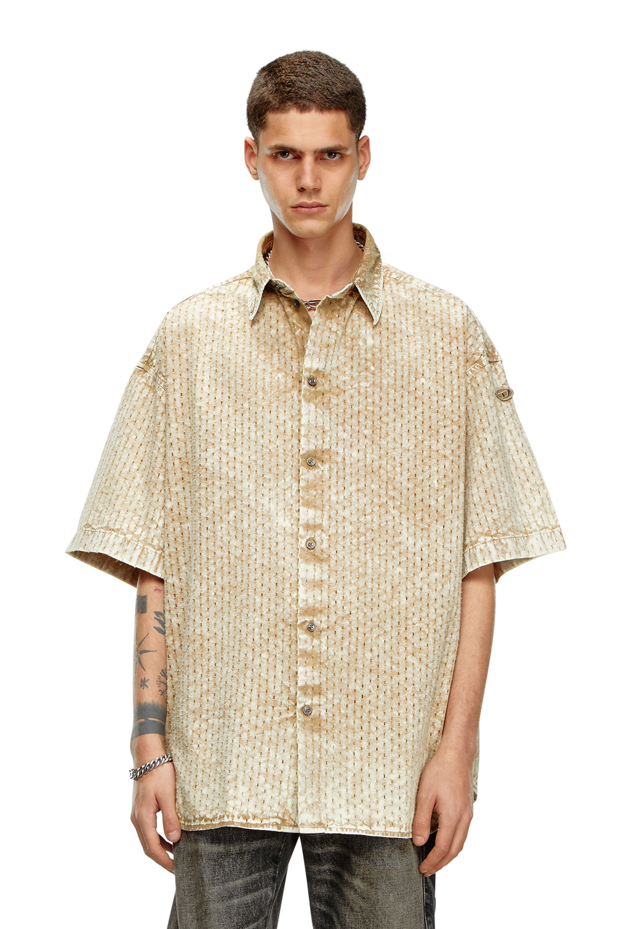 Shop Diesel Perforated Acid-wash Short-sleeve Shirt In Brown