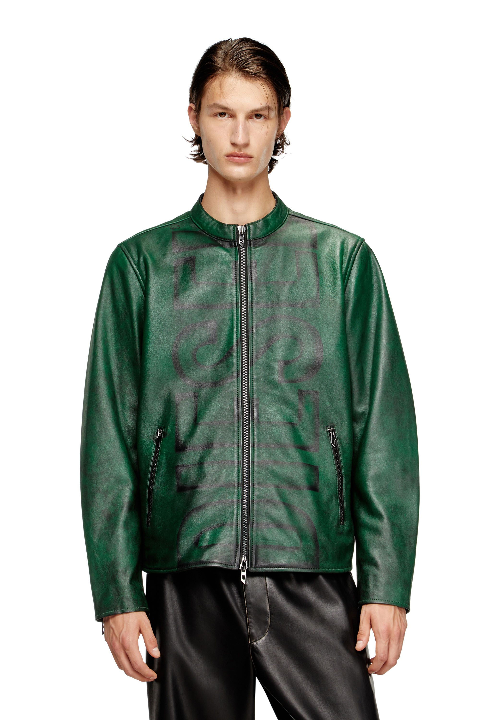 Diesel - L-EVERT-A, Man's Treated leather biker jacket with faded logo in Green - 1