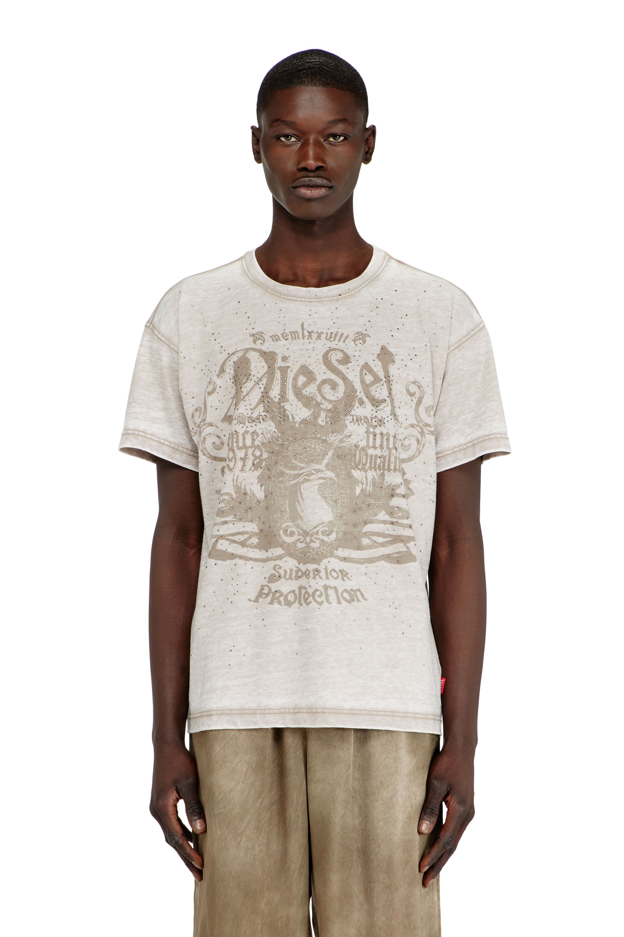 Diesel Mænd Beige - Jersey T-Shirt With Burnout Wash And Studs - T-Shirts - Man Stor