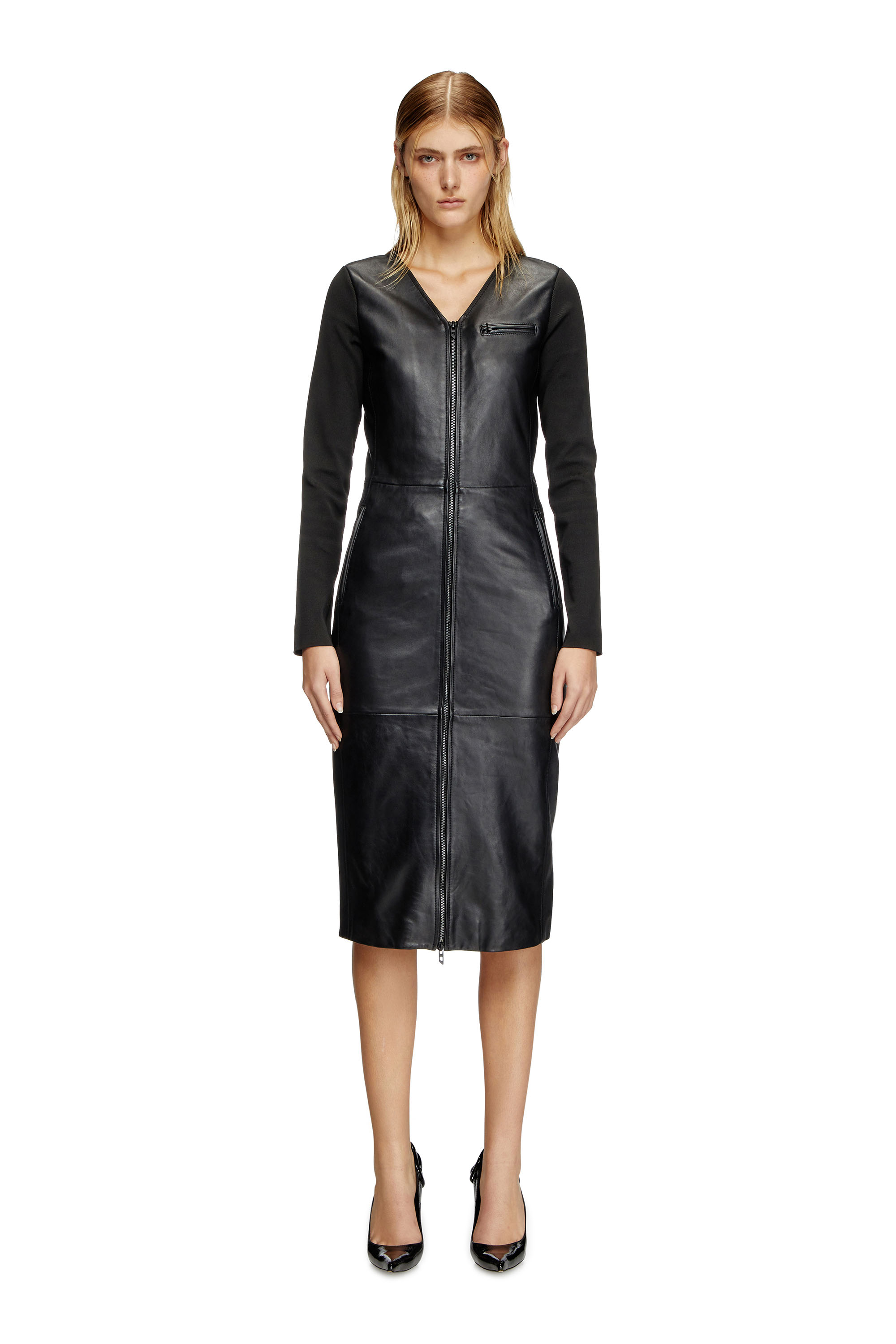 Diesel Dress In Leather And Stretch Knit In Black