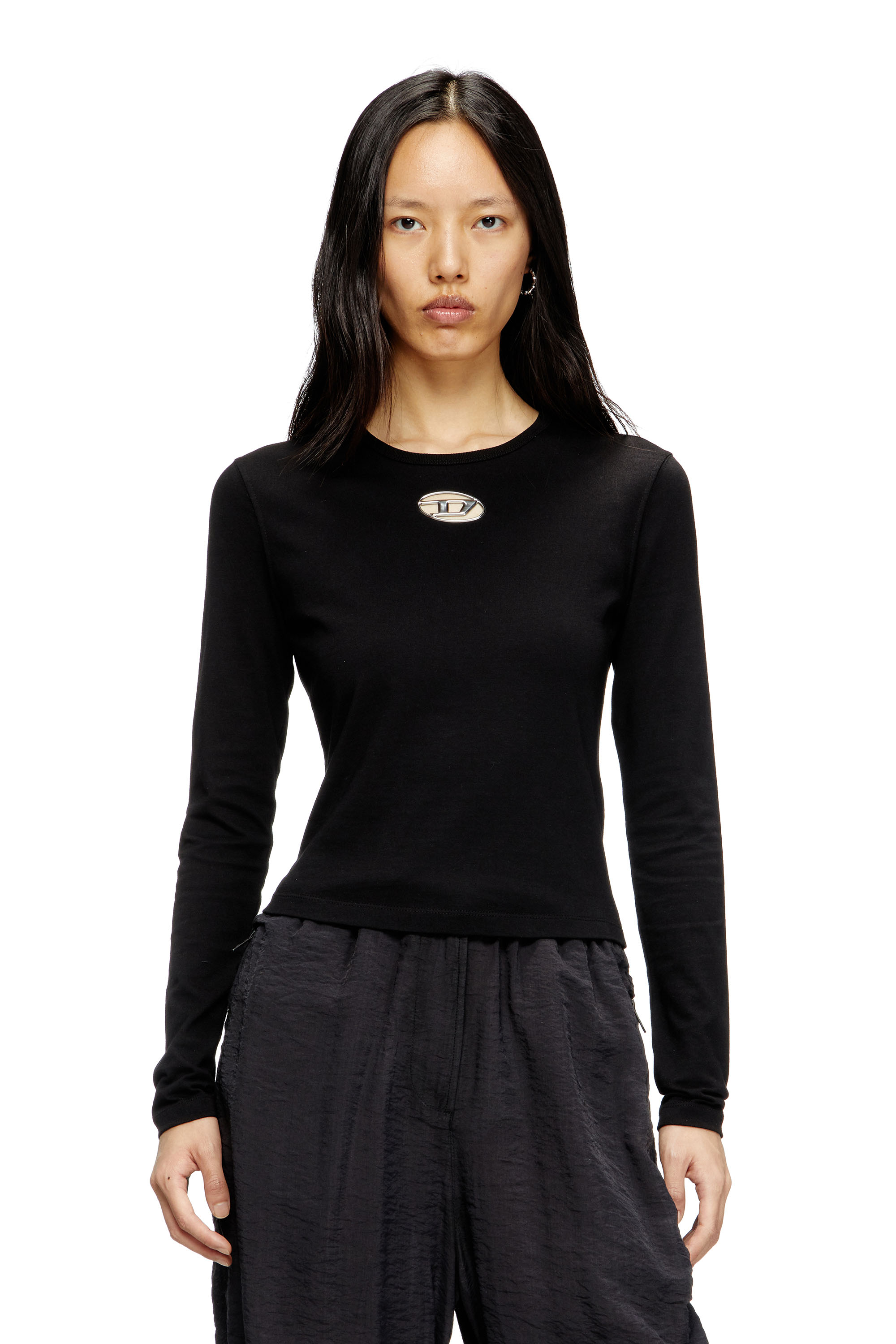Diesel Damen Schwarz - Langarm-Oberteil Mit Oval D-Ausschnitt - T-Shirts Extra Klein