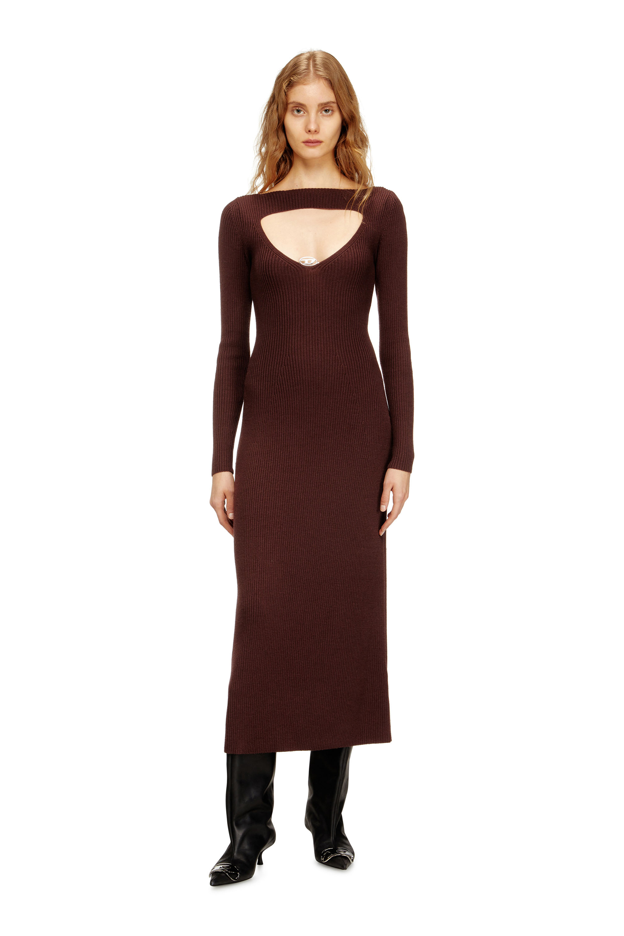 Diesel - M-OLONI, Woman's Midi wool dress with inlay in Burgundy - 2