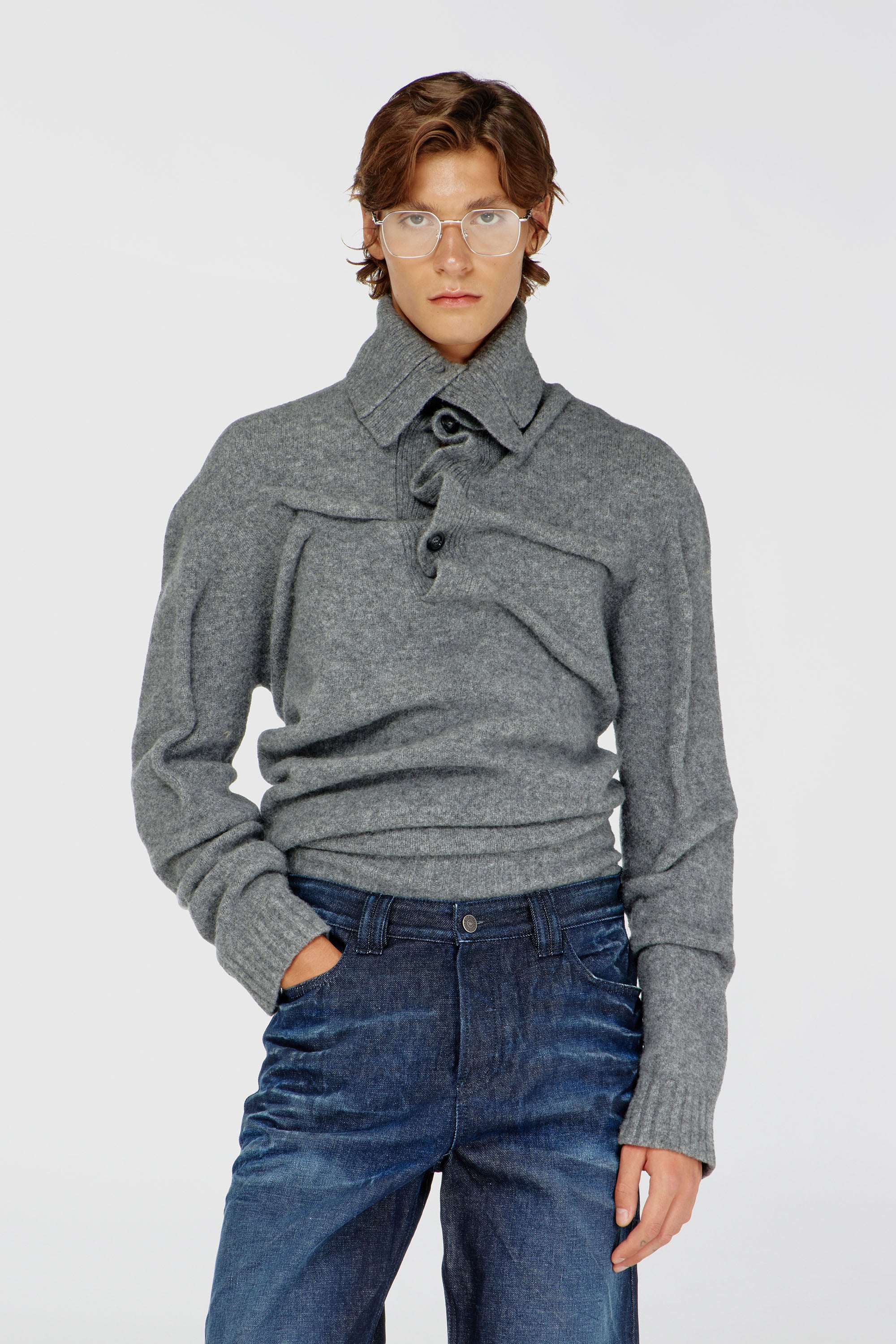 Diesel – Button-neck jumper in wrinkled boiled knit – Knitwear – Man – Grey