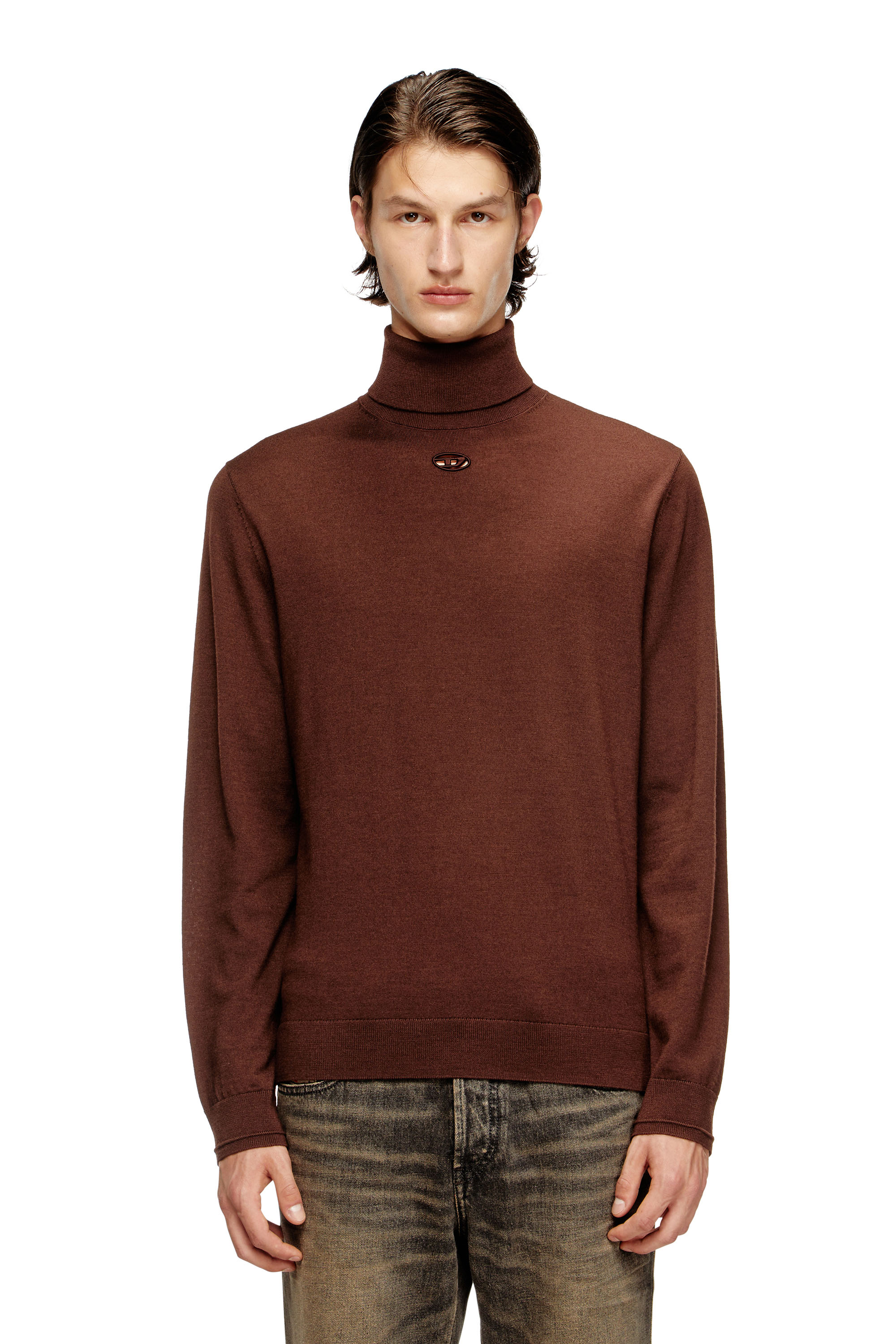 Diesel Herr Brun - Wool Turtleneck Jumper With Cut-Out Logo - Knitwear - Man Små