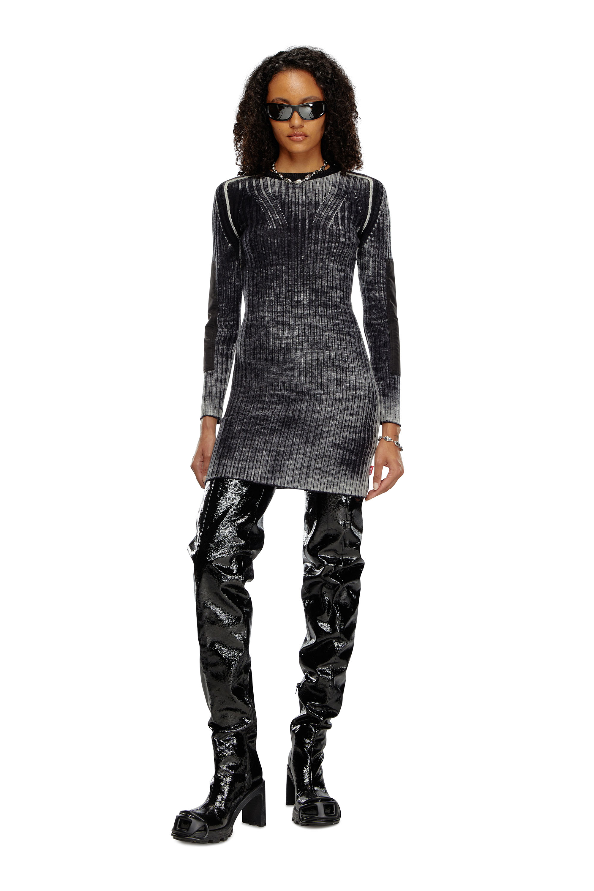 Shop Diesel Short Dress In Treated Wool Knit In Black