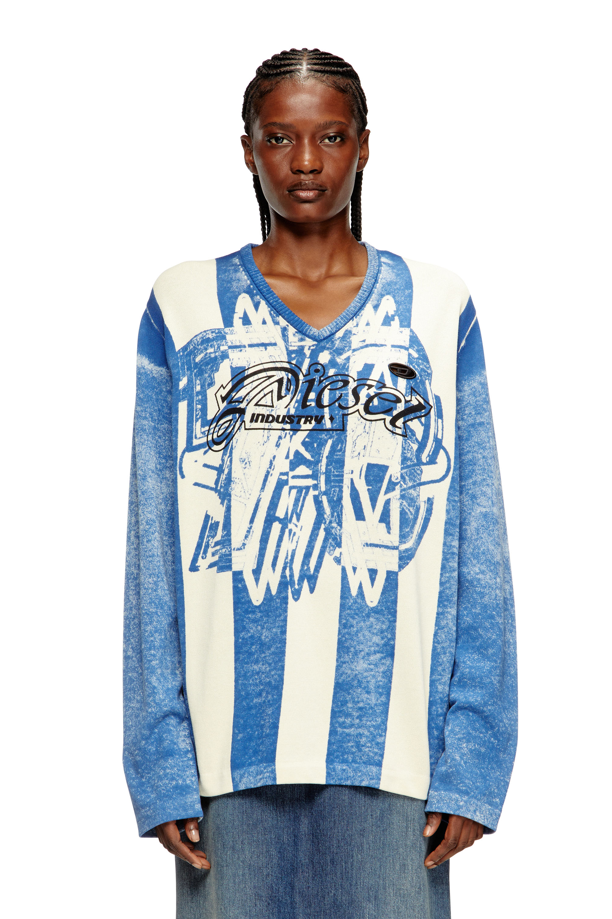 Diesel - K-OLIBA-V, Unisex's Inside-print striped jumper in Blue/White - 2