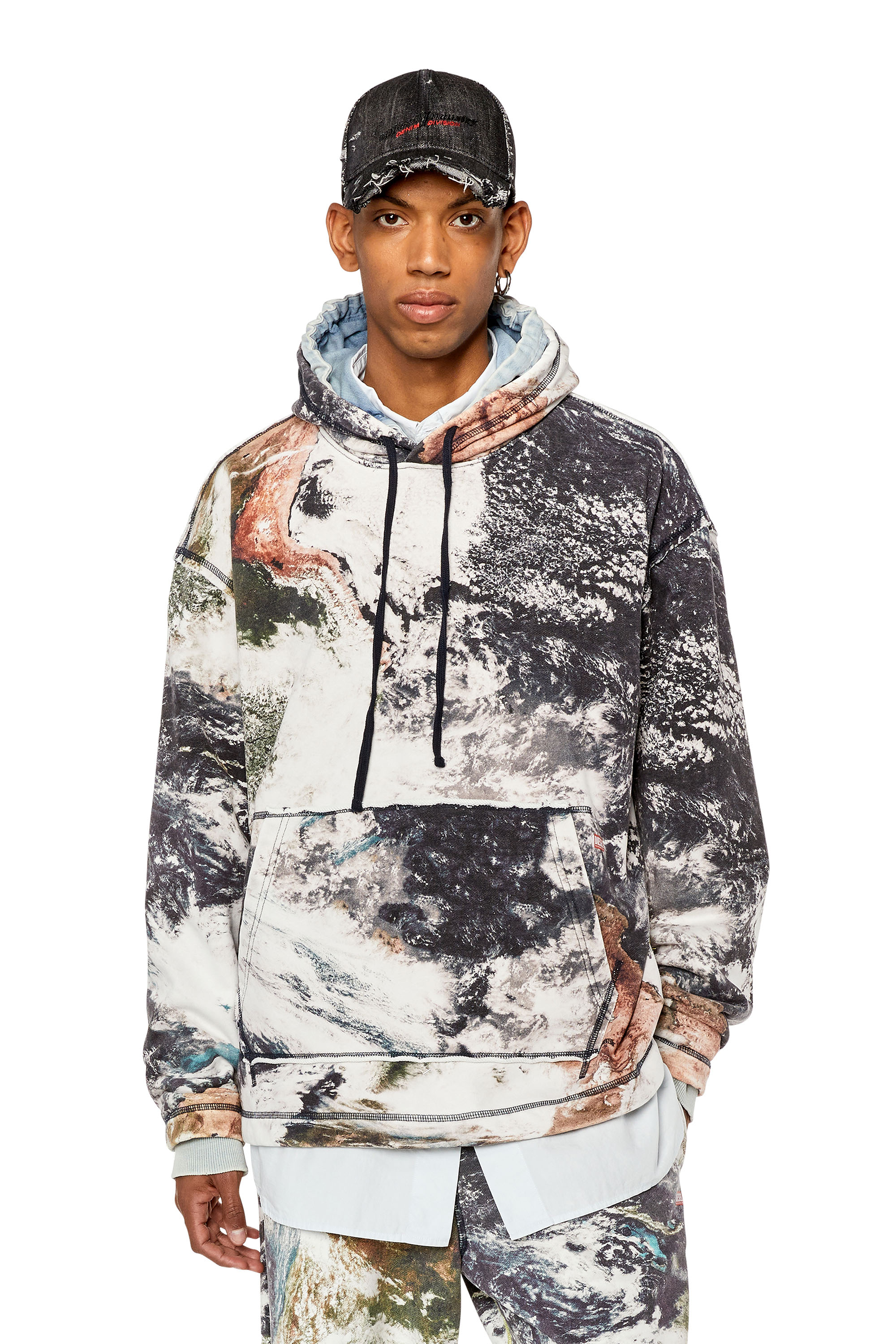 Shop Diesel Oversized Faded Hoodie With Planet Print In Multicolor
