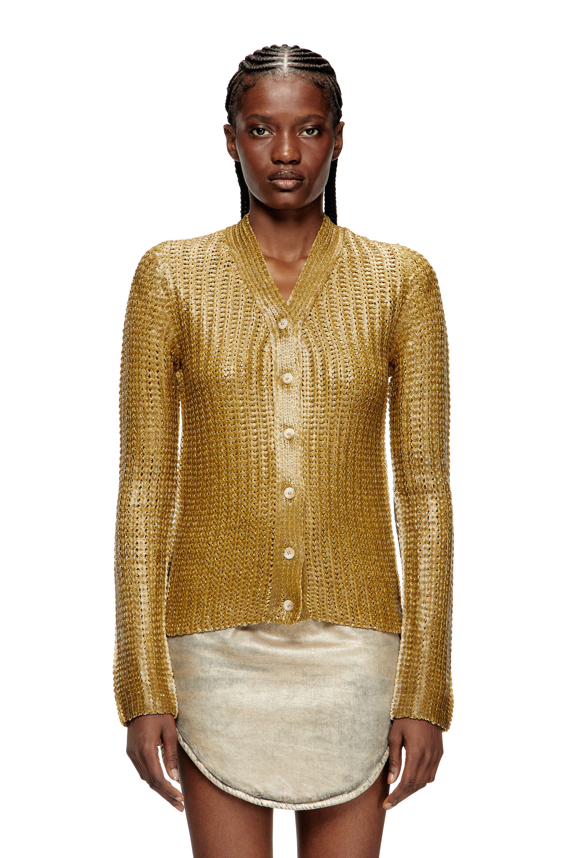 Diesel - M-MILLO, Woman's Ribbed cardigan with shiny effect in Light Brown - 1