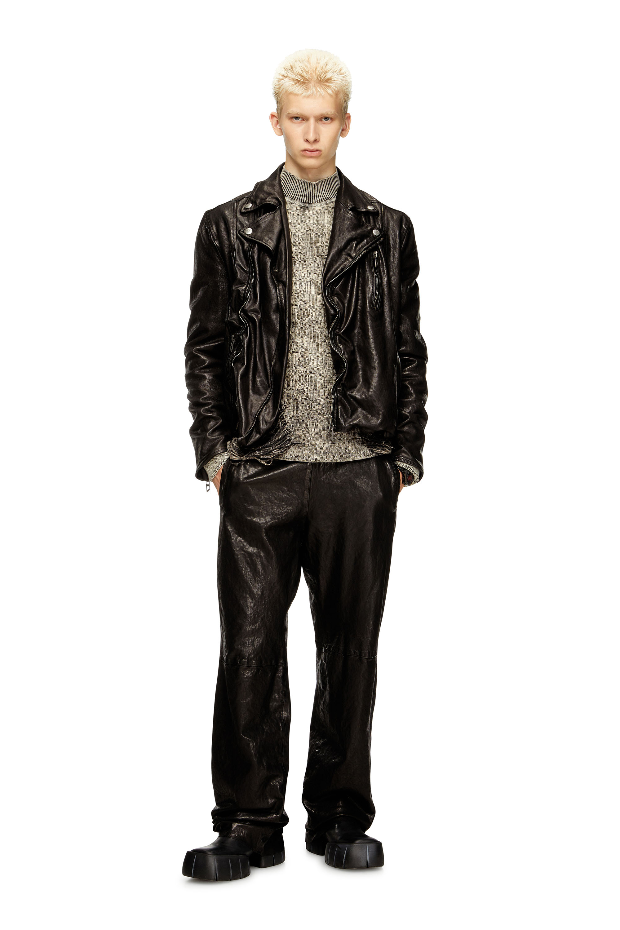 Diesel - L-UNCAN, Man's Biker jacket in boiled leather in Black - 3