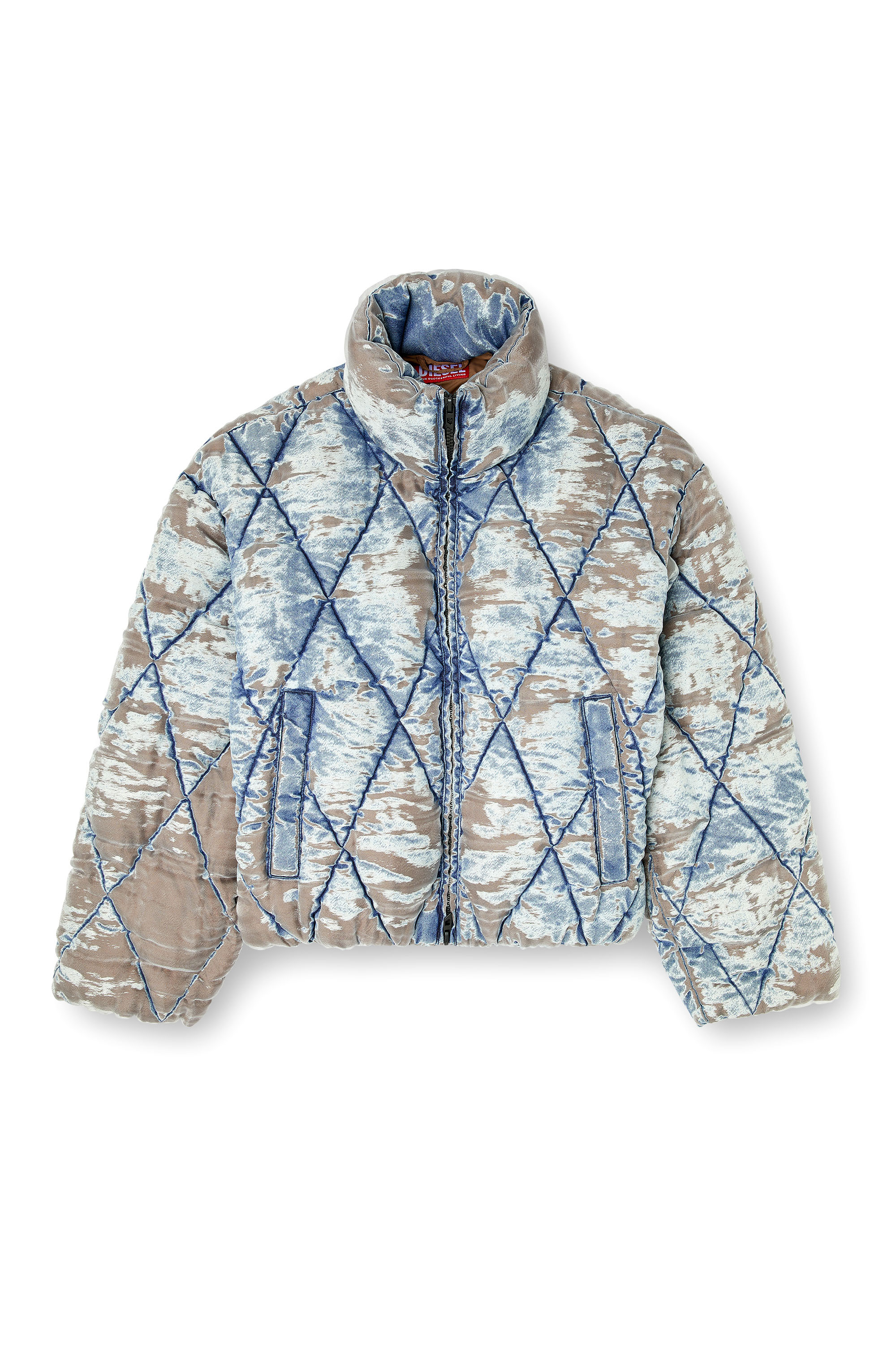Diesel - W-KONS, Man's Padded jacket in argyle-quilted devoré denim in Light Blue - 3