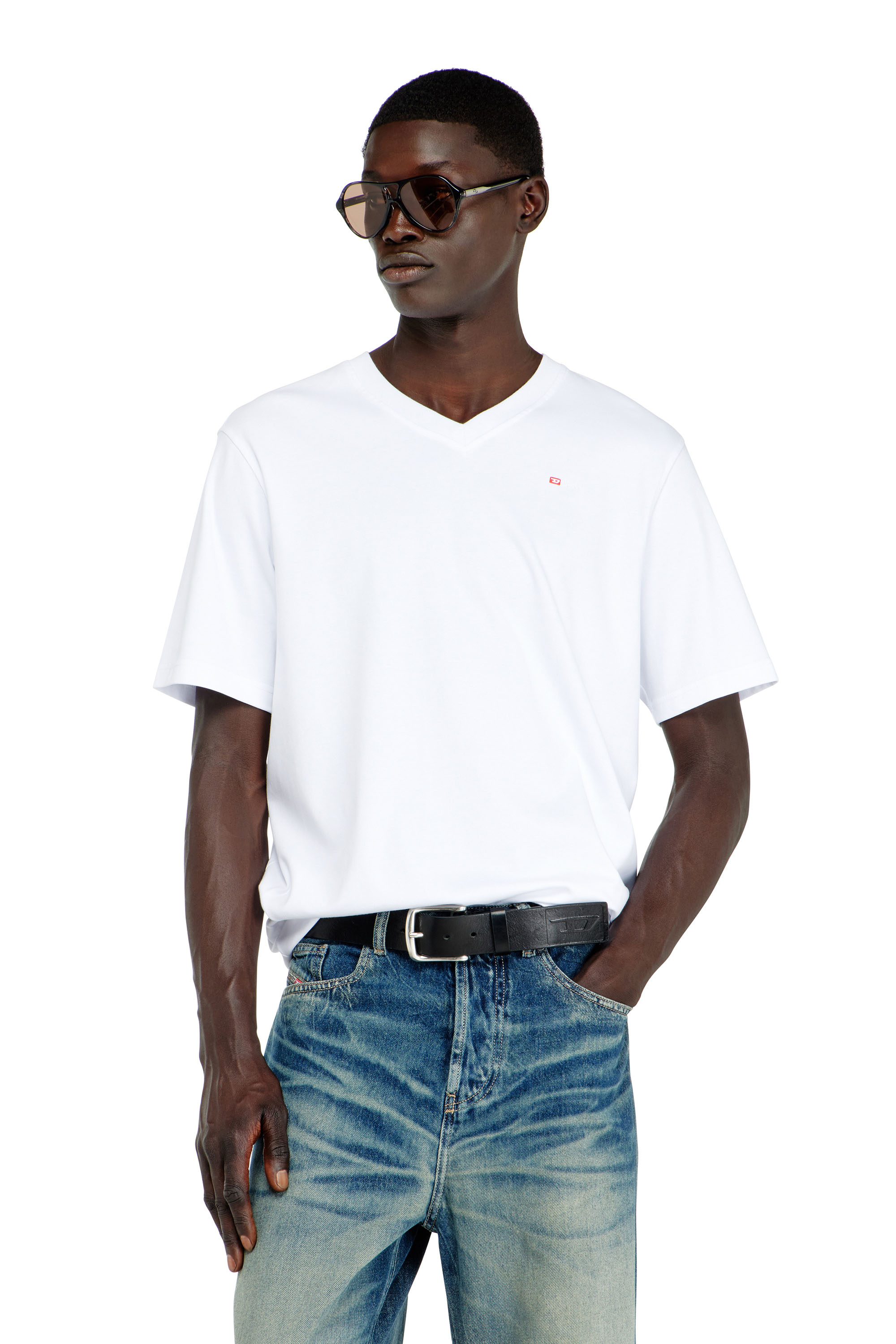 Diesel Bianco Uomo - T-Shirt Con Scollo A V Con Micro Ricamo Logo - T-Shirts Extra Grande